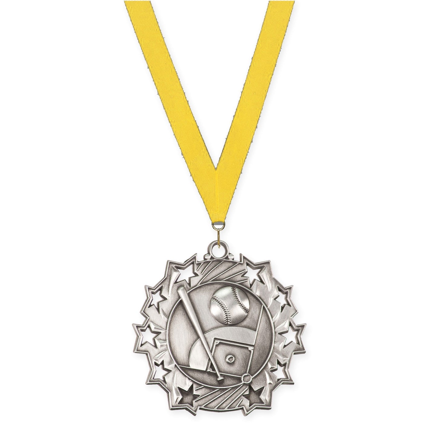 2 1/4 inch baseball and softball Ten Star medal in antique silver with Yellow neck ribbon