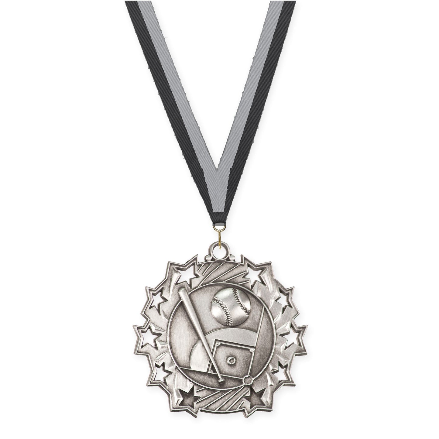 2 1/4 inch baseball and softball Ten Star medal in antique silver with Black Gray neck ribbon