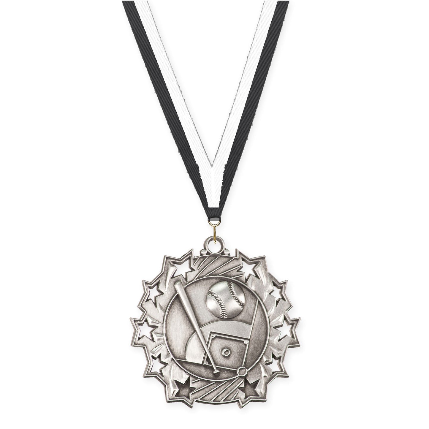 2 1/4 inch baseball and softball Ten Star medal in antique silver with Black White neck ribbon