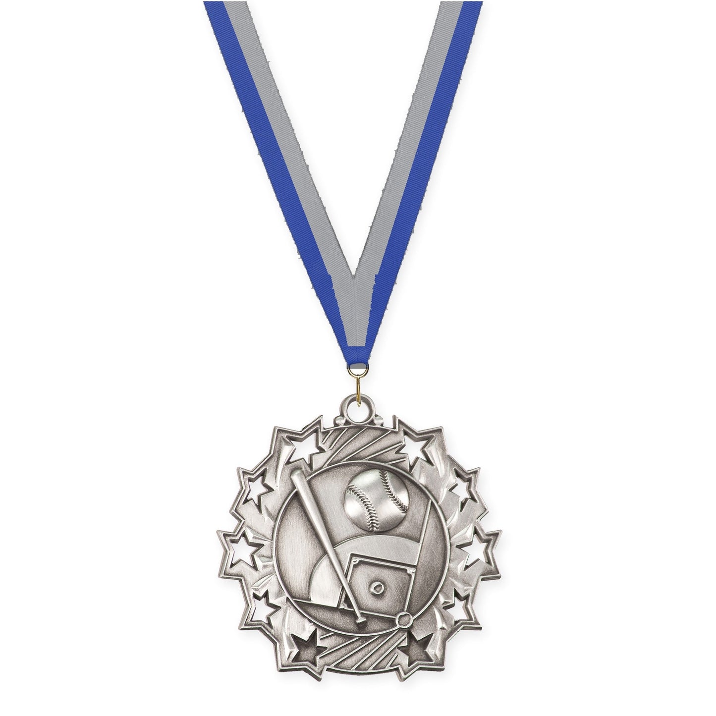 2 1/4 inch baseball and softball Ten Star medal in antique silver with Blue Gray neck ribbon