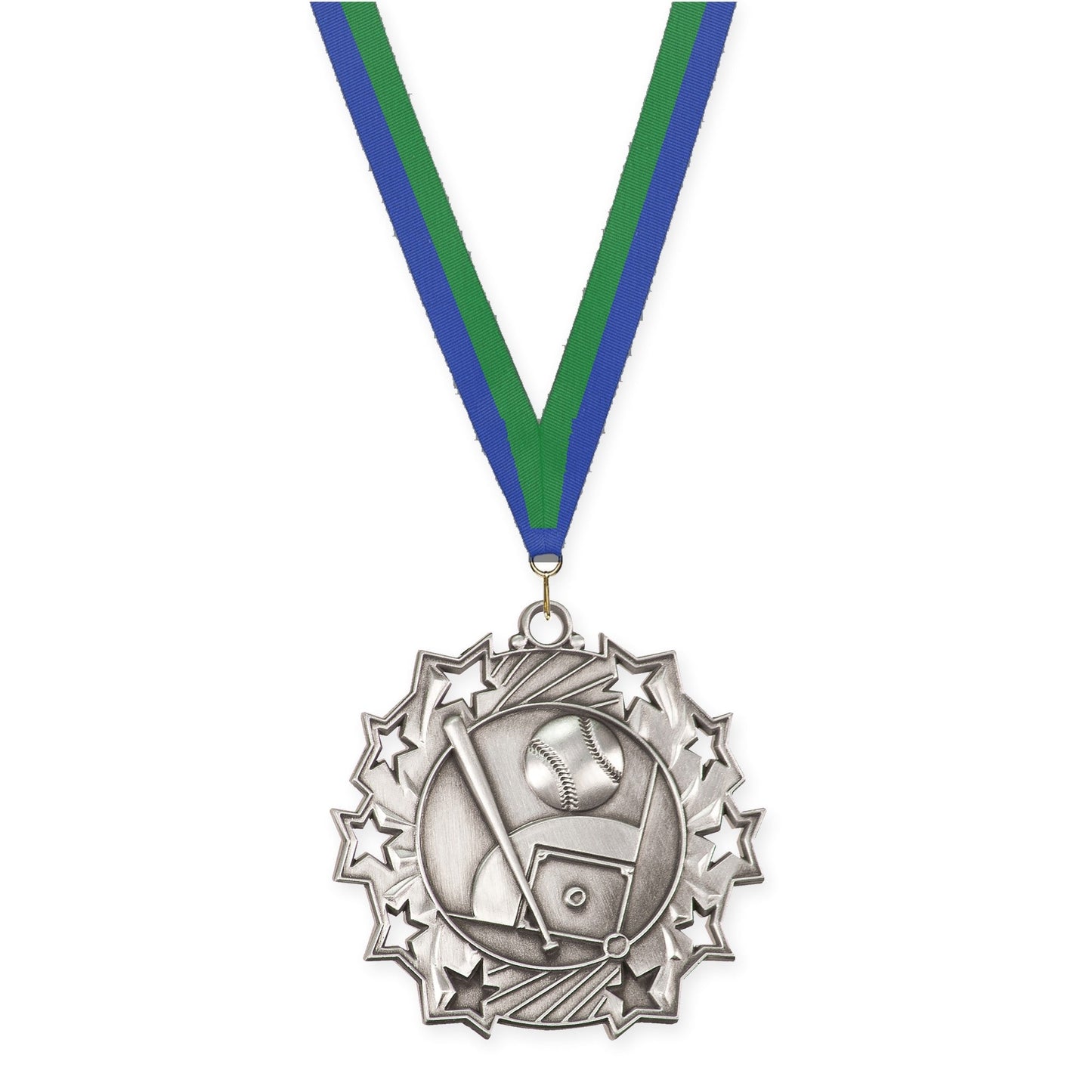 2 1/4 inch baseball and softball Ten Star medal in antique silver with Blue Green neck ribbon