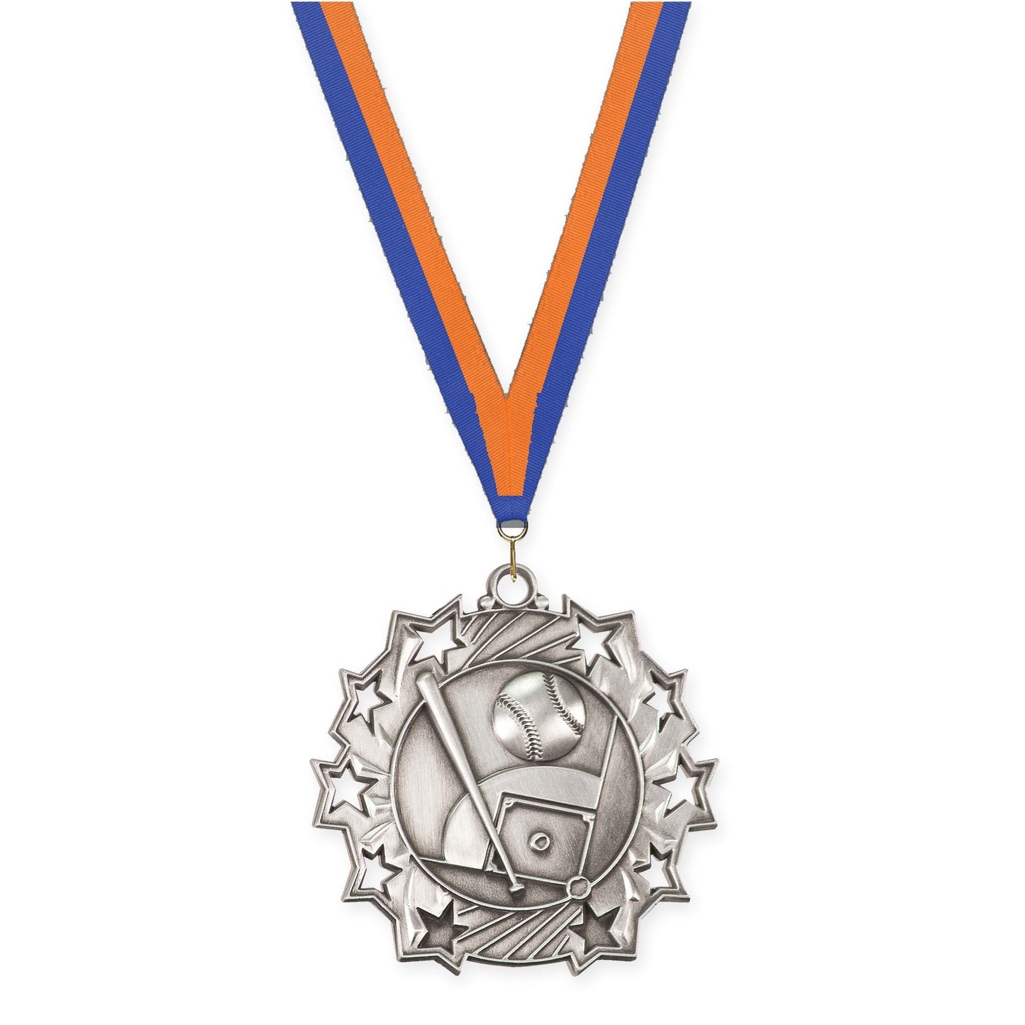 2 1/4 inch baseball and softball Ten Star medal in antique silver with Blue Orange neck ribbon