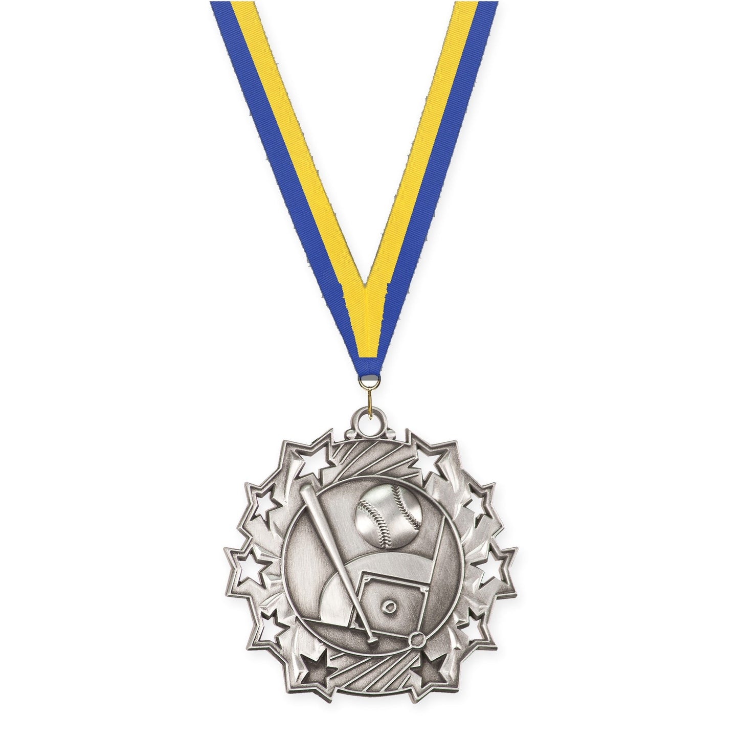 2 1/4 inch baseball and softball Ten Star medal in antique silver with Blue Yellow neck ribbon
