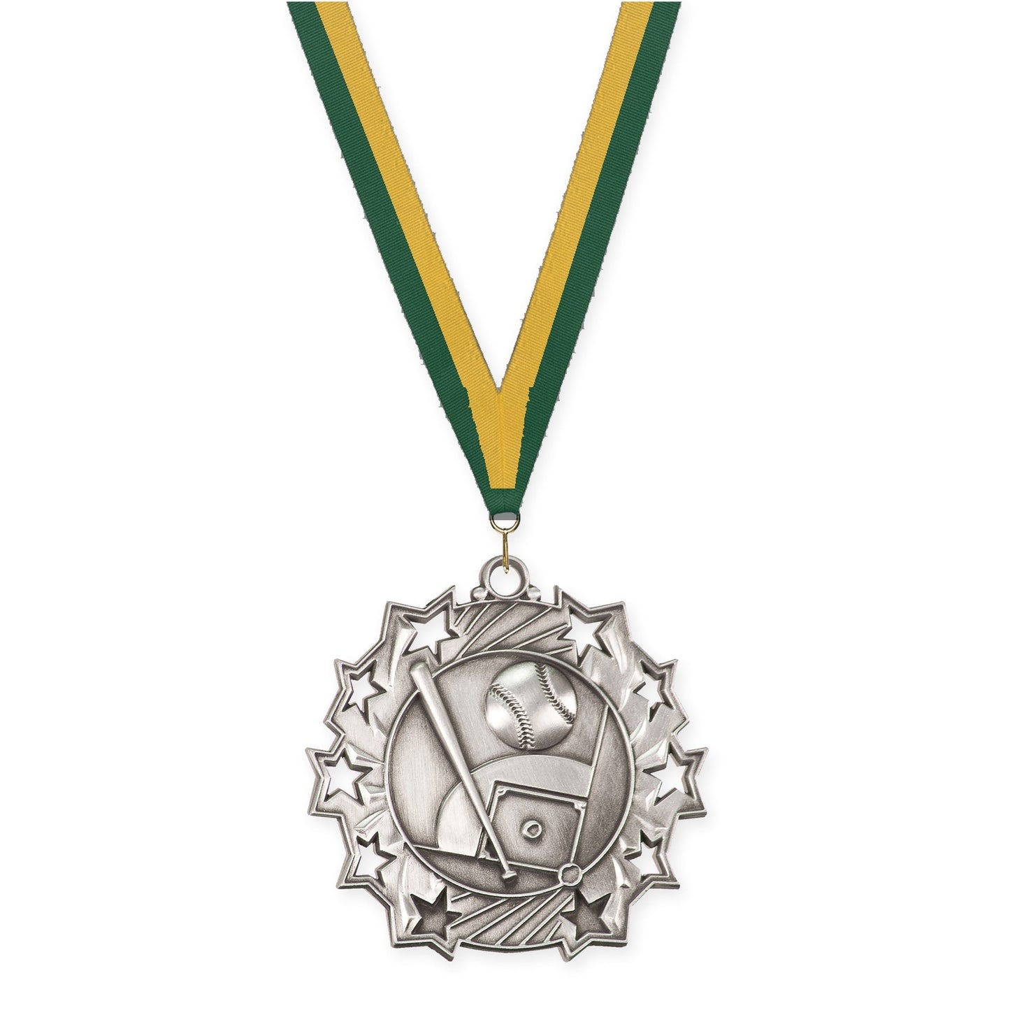 2 1/4 inch baseball and softball Ten Star medal in antique silver with Hunter Green Gold neck ribbon