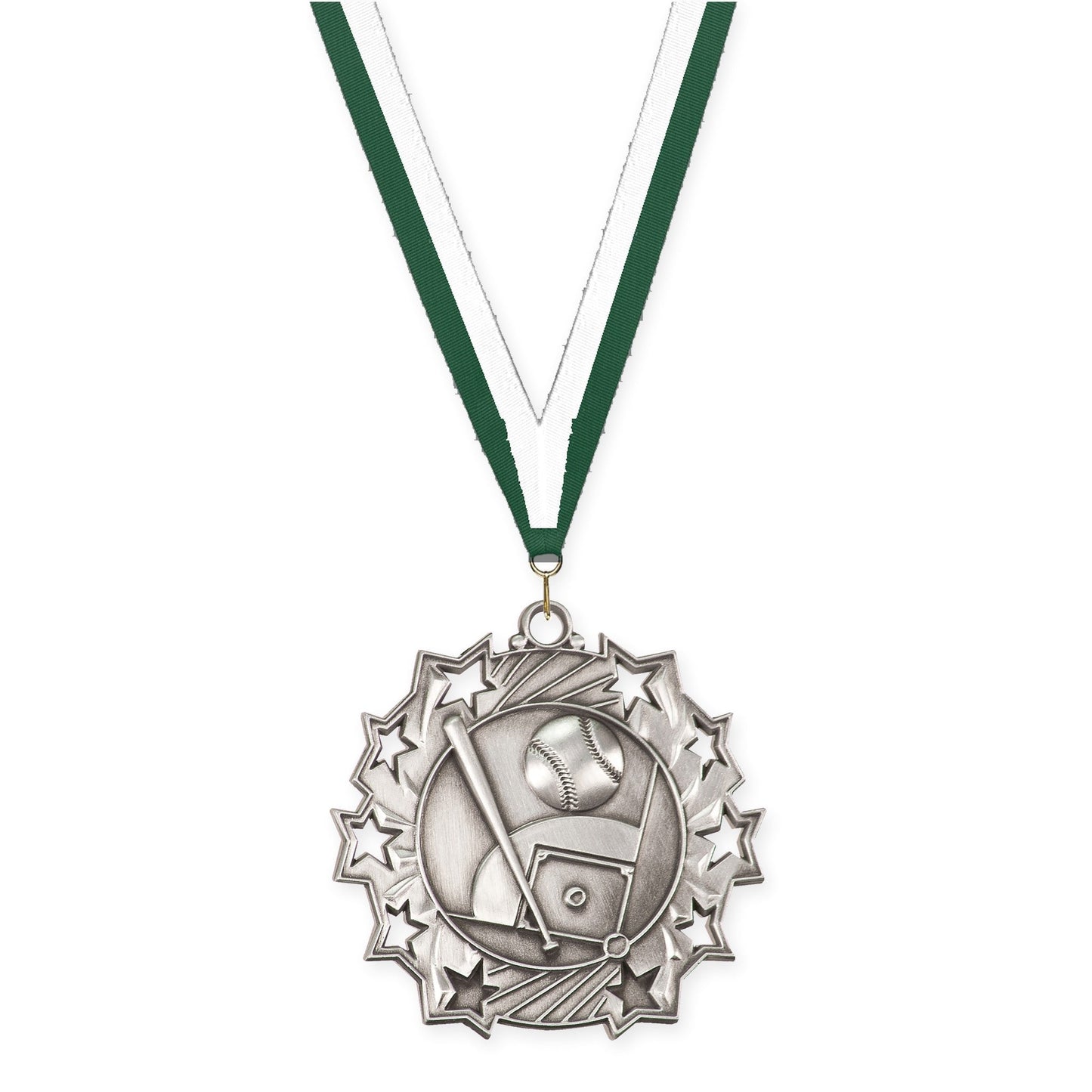 2 1/4 inch baseball and softball Ten Star medal in antique silver with Hunter Green White neck ribbon