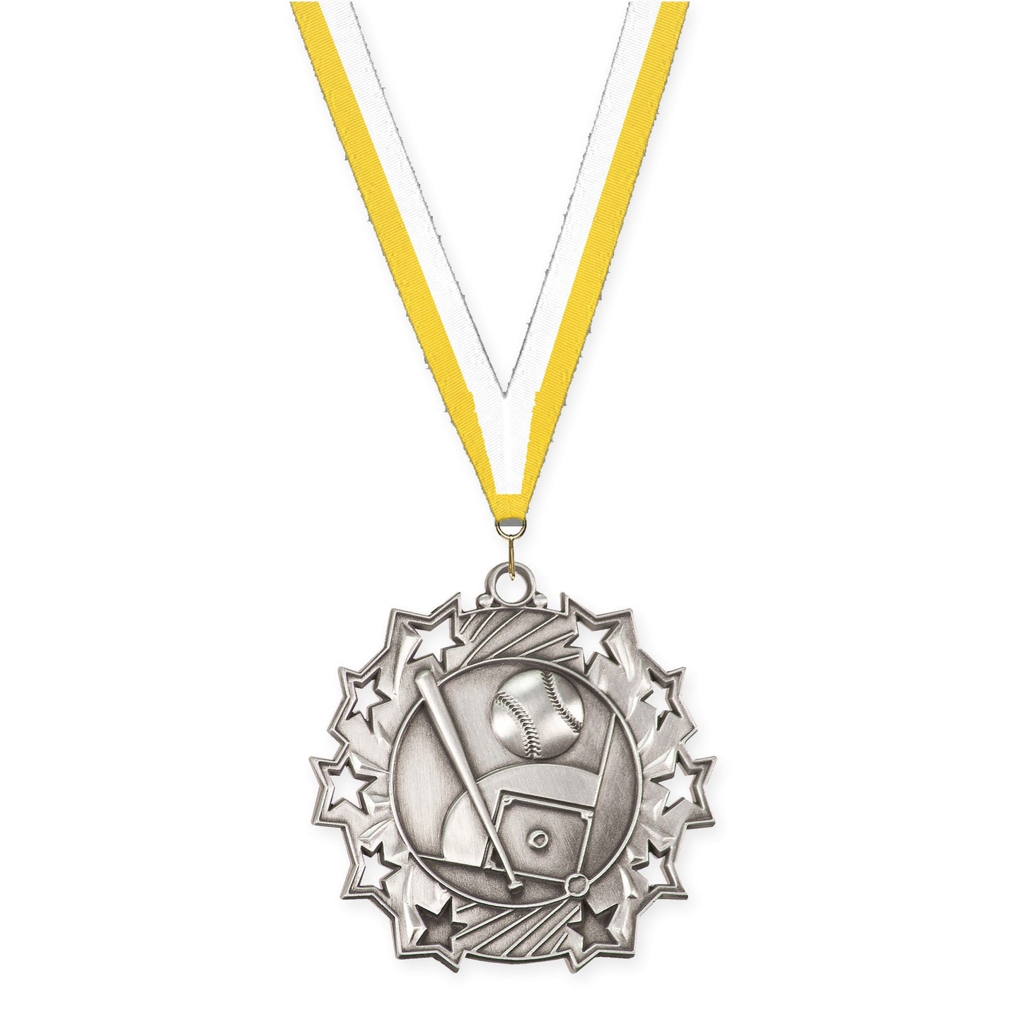 2 1/4 inch baseball and softball Ten Star medal in antique silver with Yellow White neck ribbon