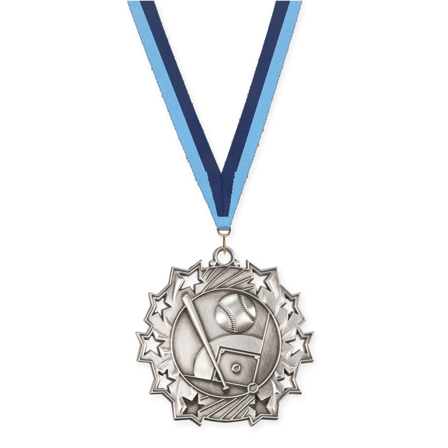 2 1/4 inch baseball and softball Ten Star medal in antique silver with Light Blue Navy neck ribbon