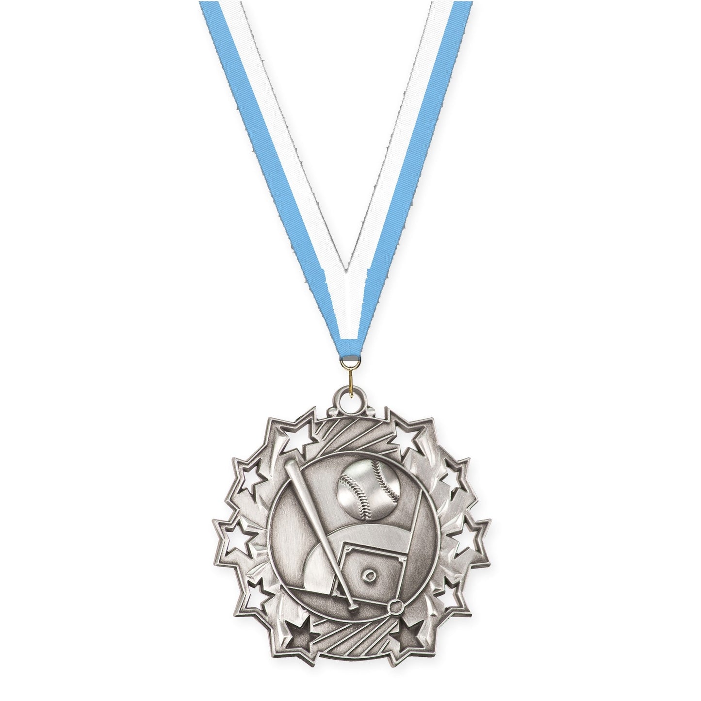 2 1/4 inch baseball and softball Ten Star medal in antique silver with Light Blue White neck ribbon