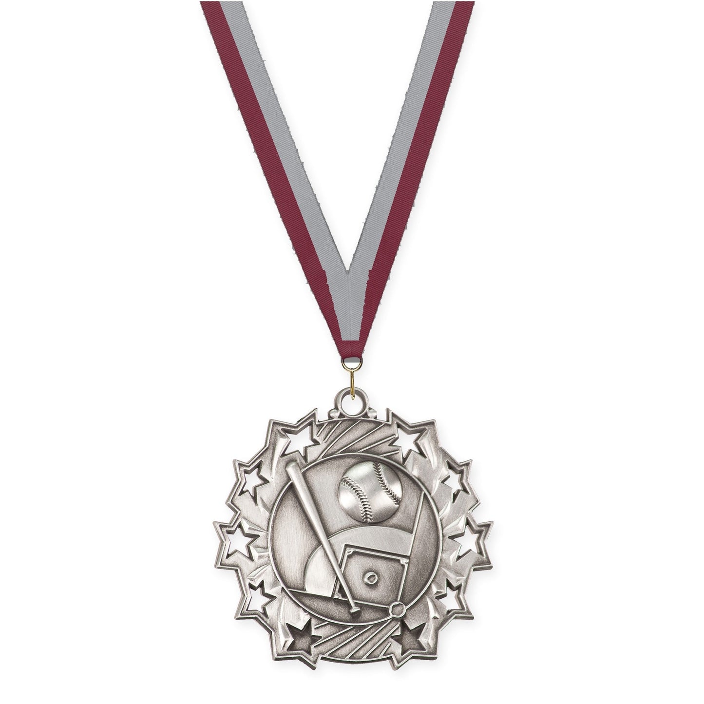2 1/4 inch baseball and softball Ten Star medal in antique silver with Maroon Gray neck ribbon
