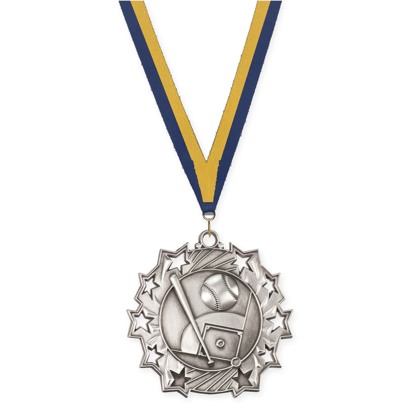 2 1/4 inch baseball and softball Ten Star medal in antique silver with Navy Gold neck ribbon