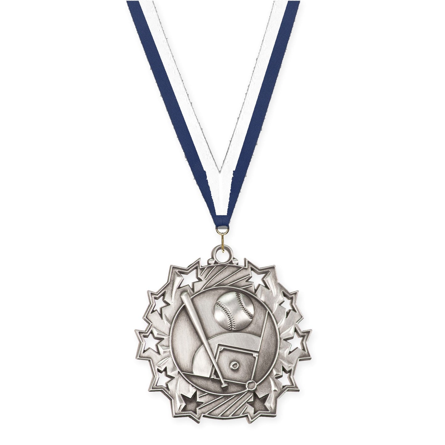 2 1/4 inch baseball and softball Ten Star medal in antique silver with Navy White neck ribbon