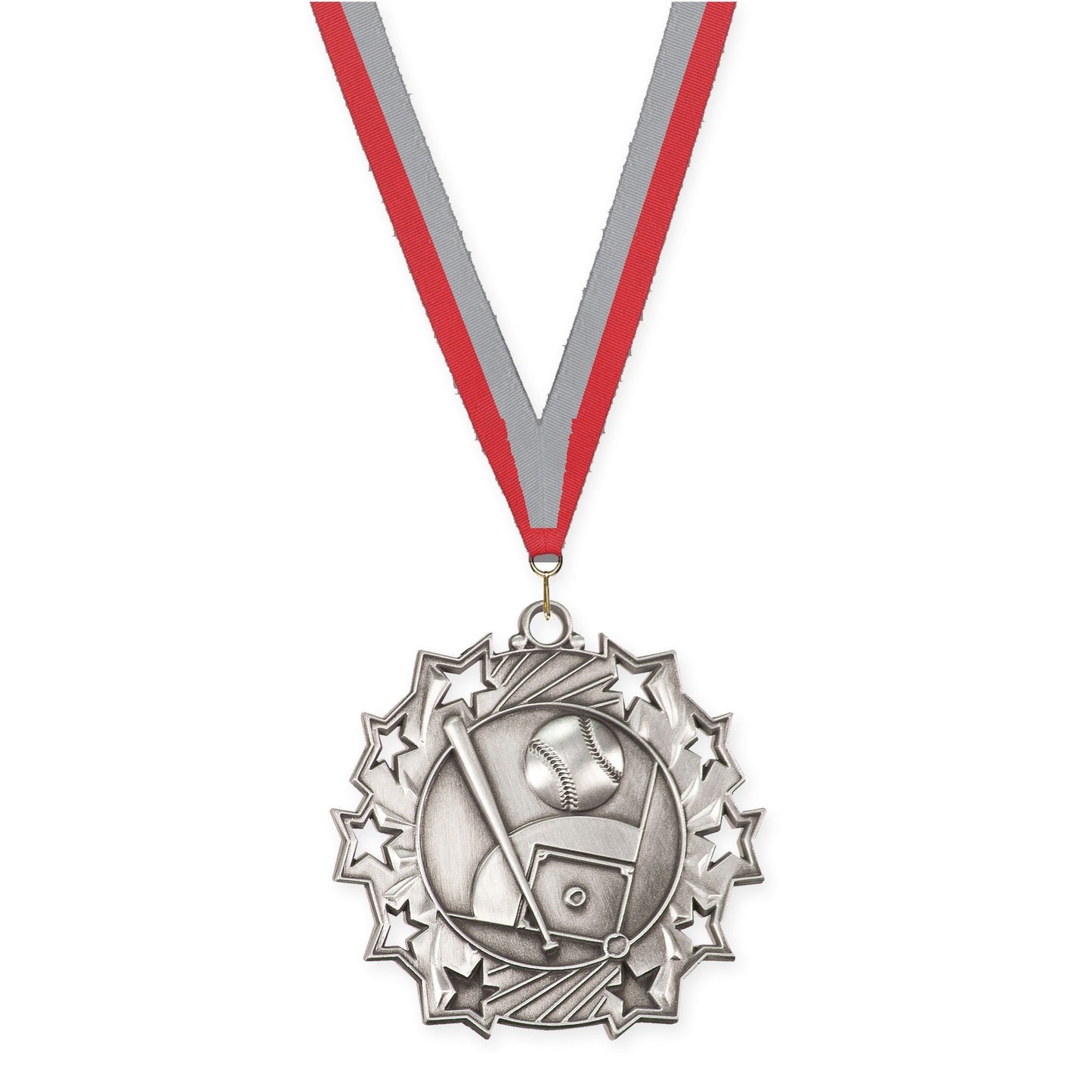 2 1/4 inch baseball and softball Ten Star medal in antique silver with Red Gray neck ribbon