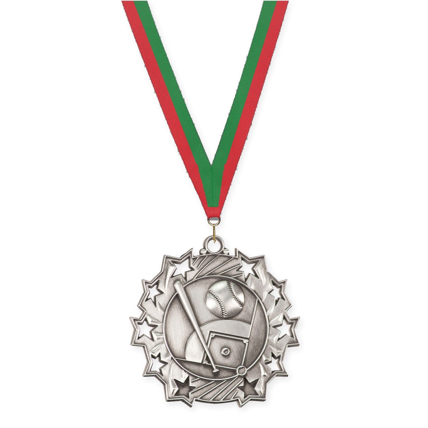 2 1/4 inch baseball and softball Ten Star medal in antique silver with Red Green neck ribbon