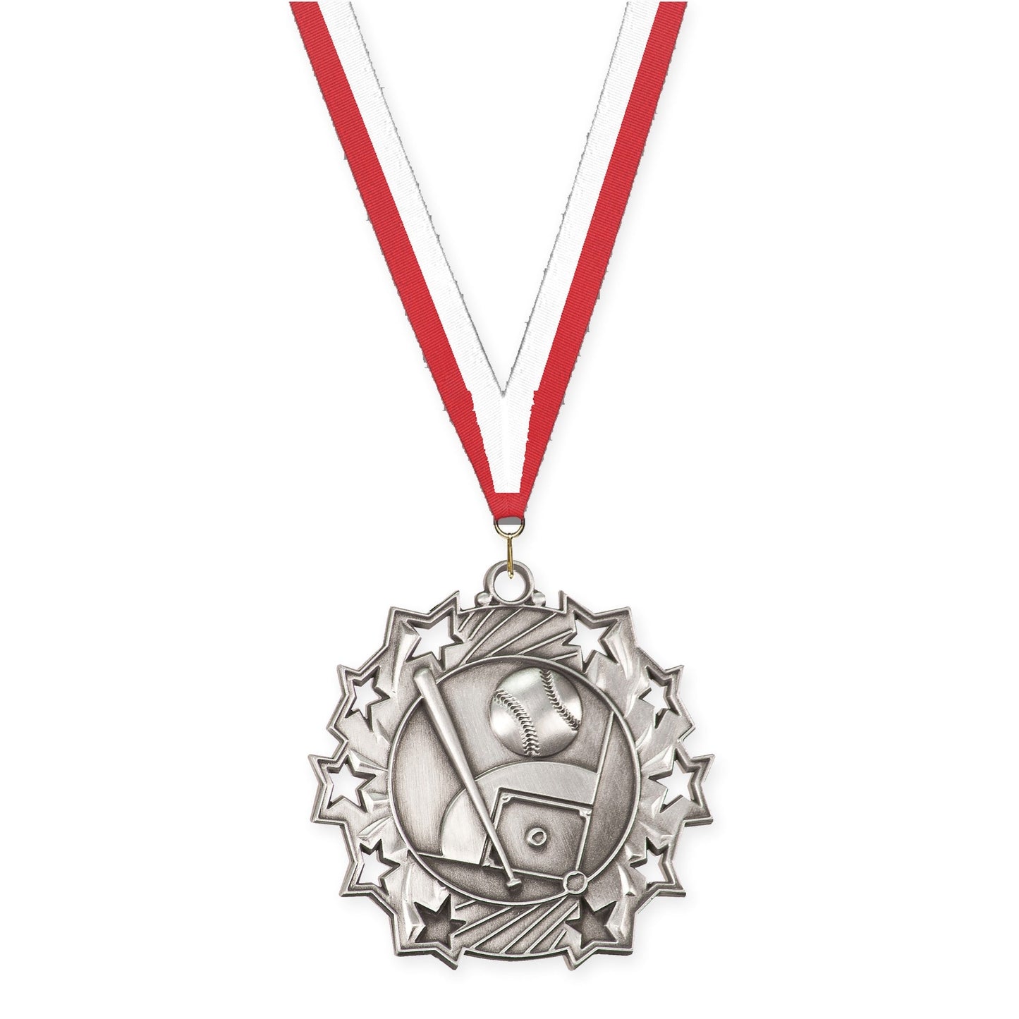 2 1/4 inch baseball and softball Ten Star medal in antique silver with Red White neck ribbon
