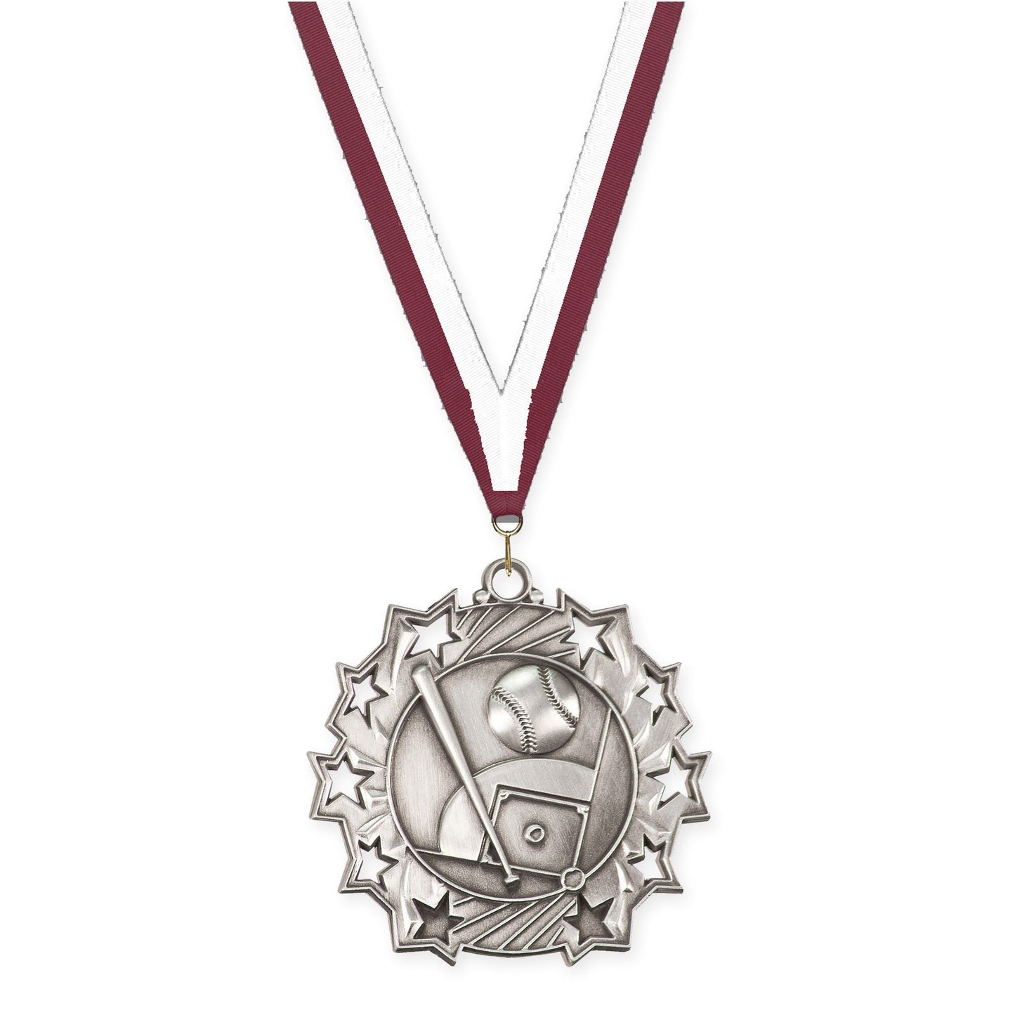 2 1/4 inch baseball and softball Ten Star medal in antique silver with Maroon White neck ribbon