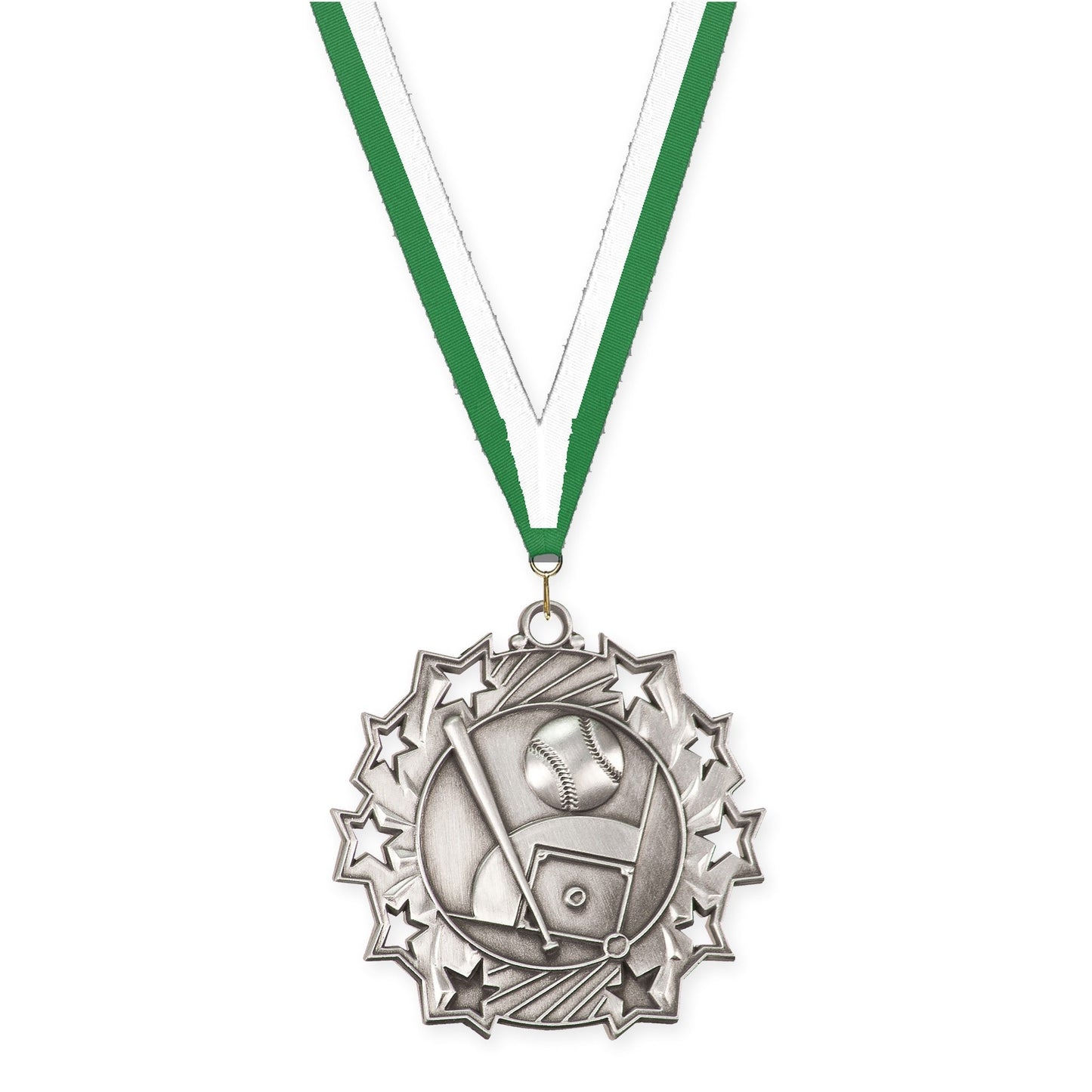 2 1/4 inch baseball and softball Ten Star medal in antique silver with Green White neck ribbon