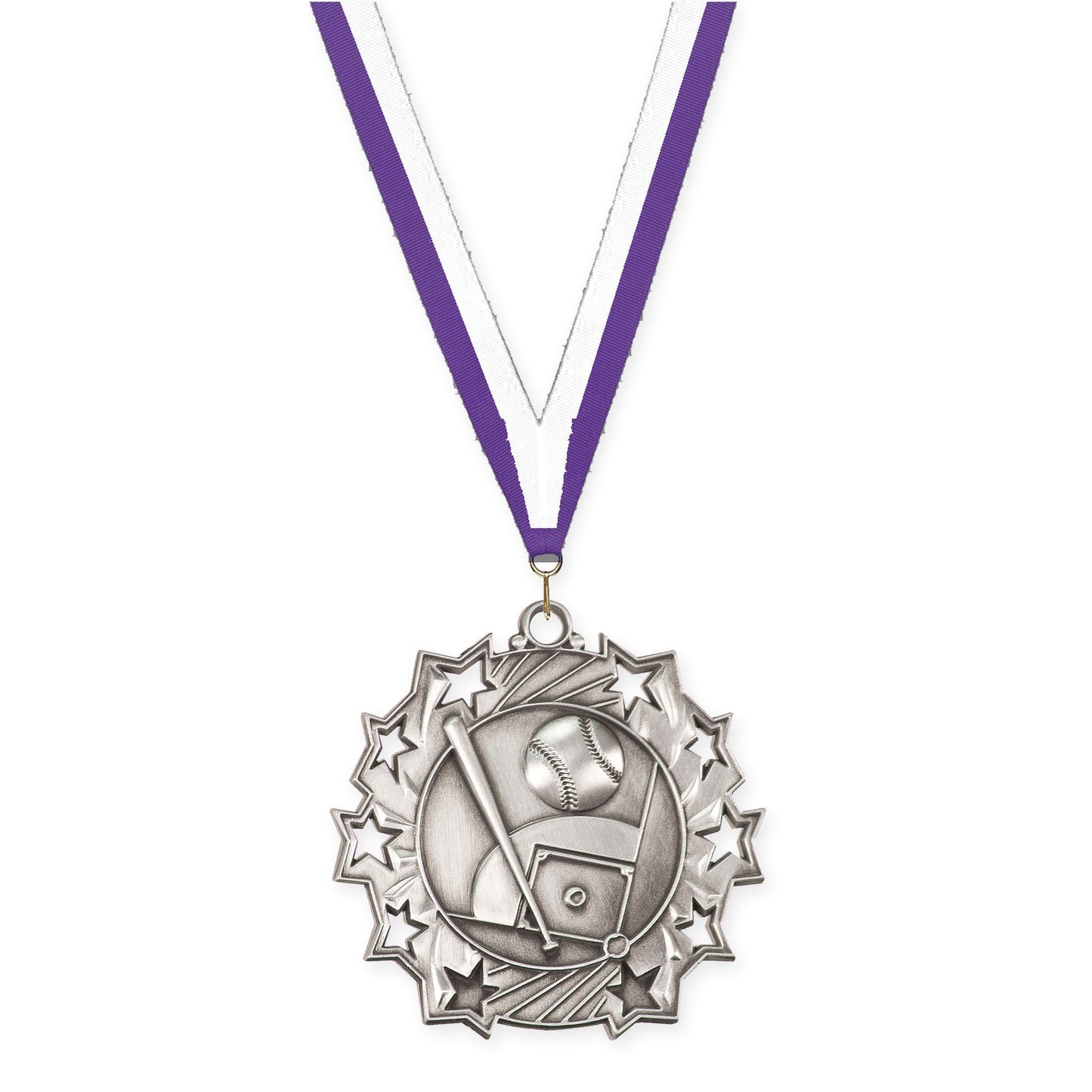 2 1/4 inch baseball and softball Ten Star medal in antique silver with Purple White neck ribbon