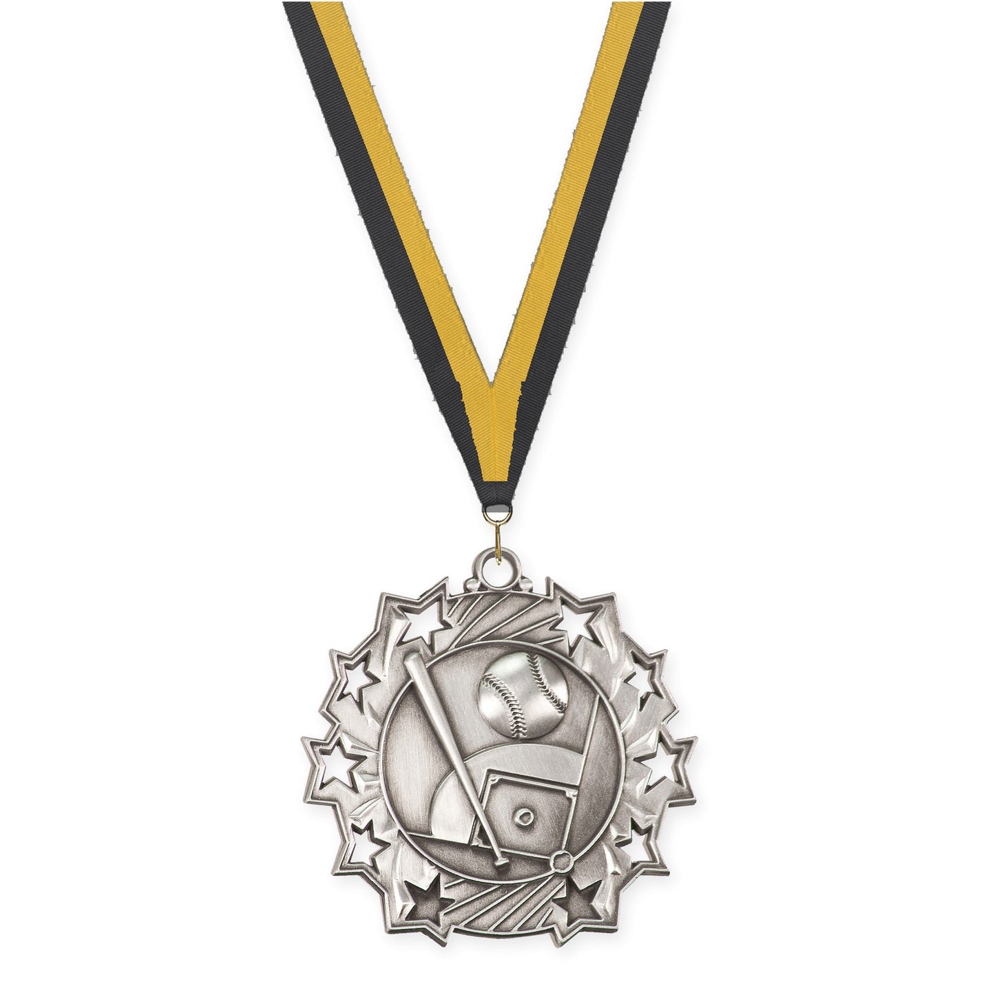 2 1/4 inch baseball and softball Ten Star medal in antique silver with Black Gold neck ribbon