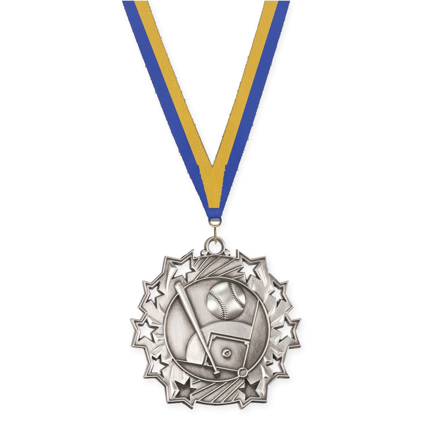 2 1/4 inch baseball and softball Ten Star medal in antique silver with Blue Gold neck ribbon