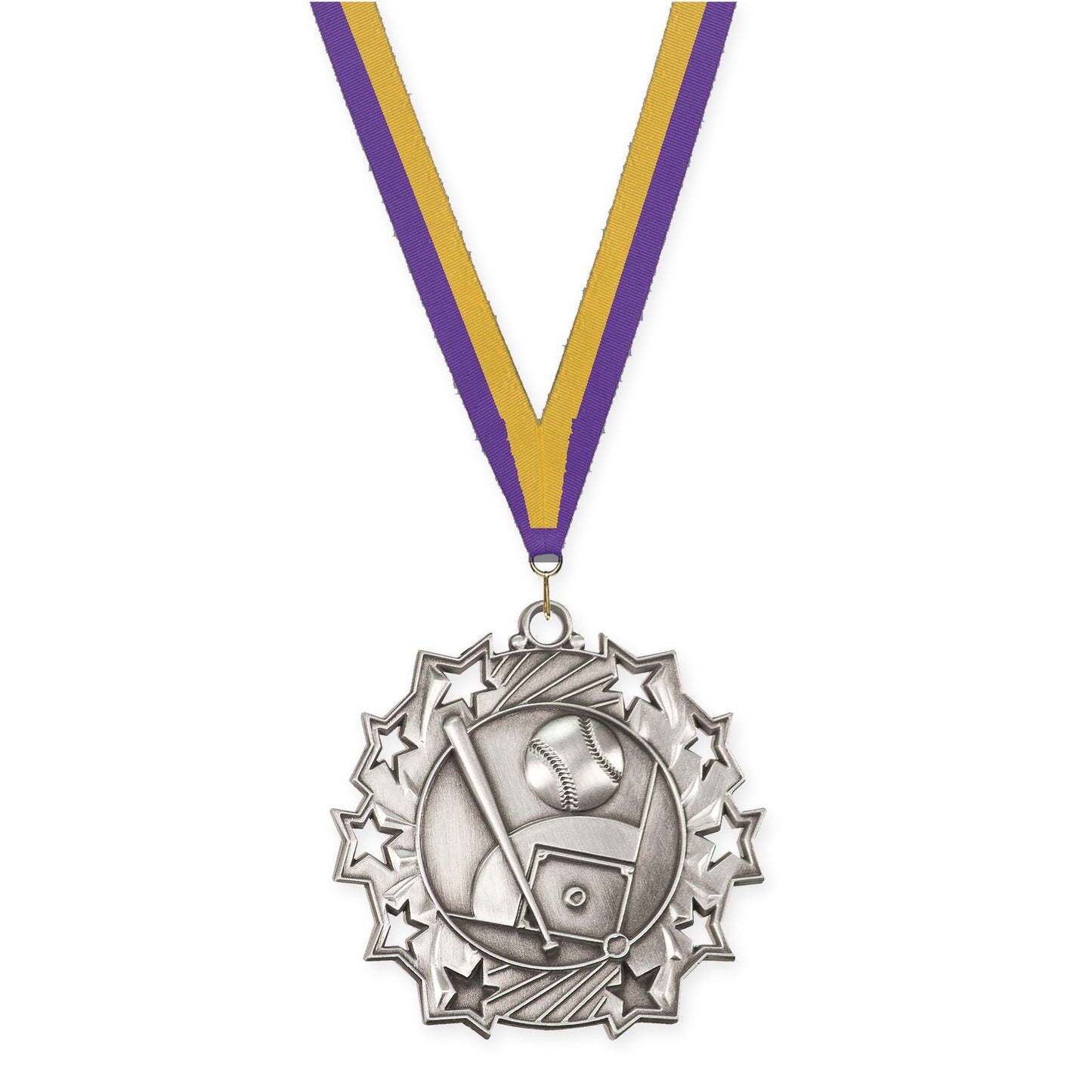 2 1/4 inch baseball and softball Ten Star medal in antique silver with Purple Gold neck ribbon