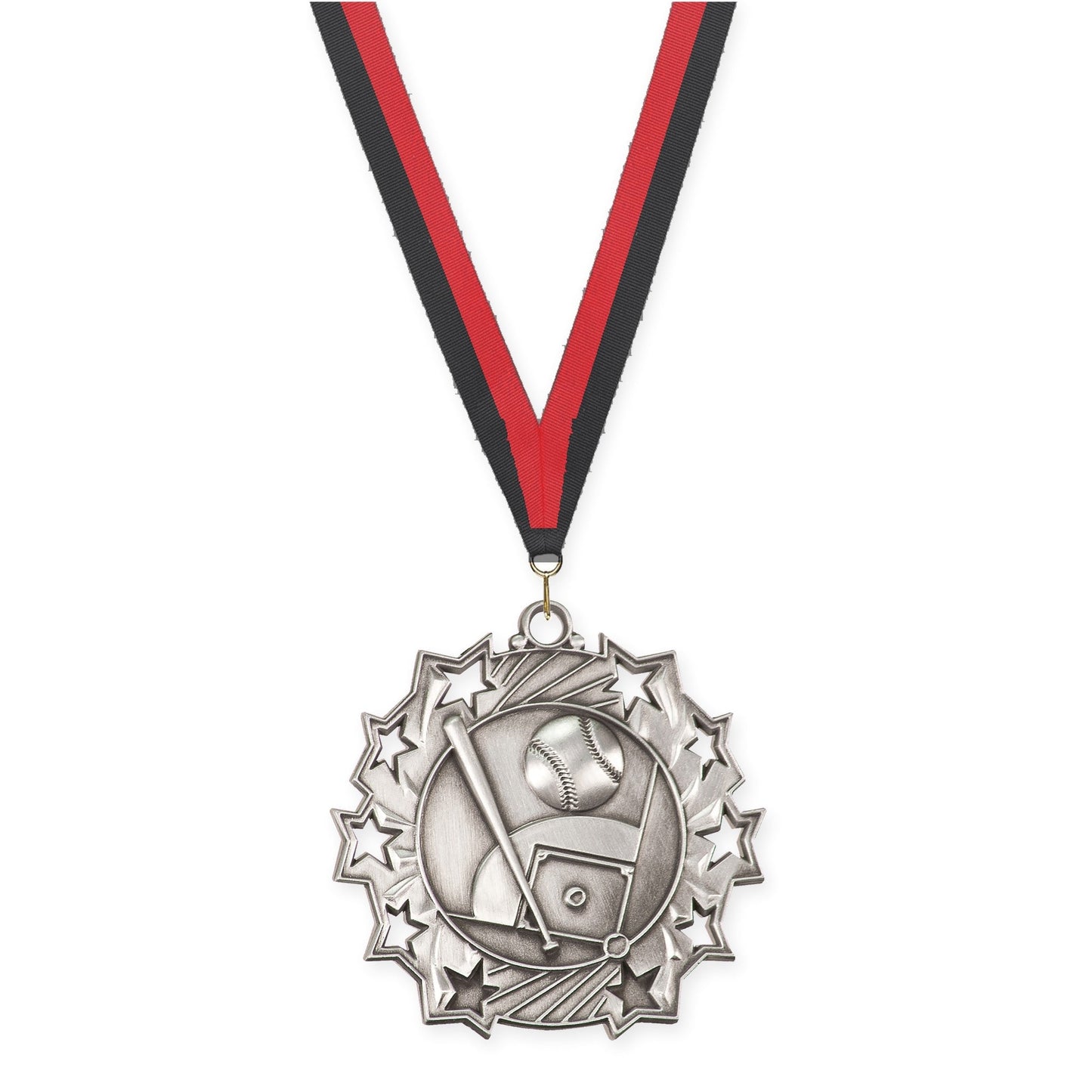 2 1/4 inch baseball and softball Ten Star medal in antique silver with Black Red neck ribbon
