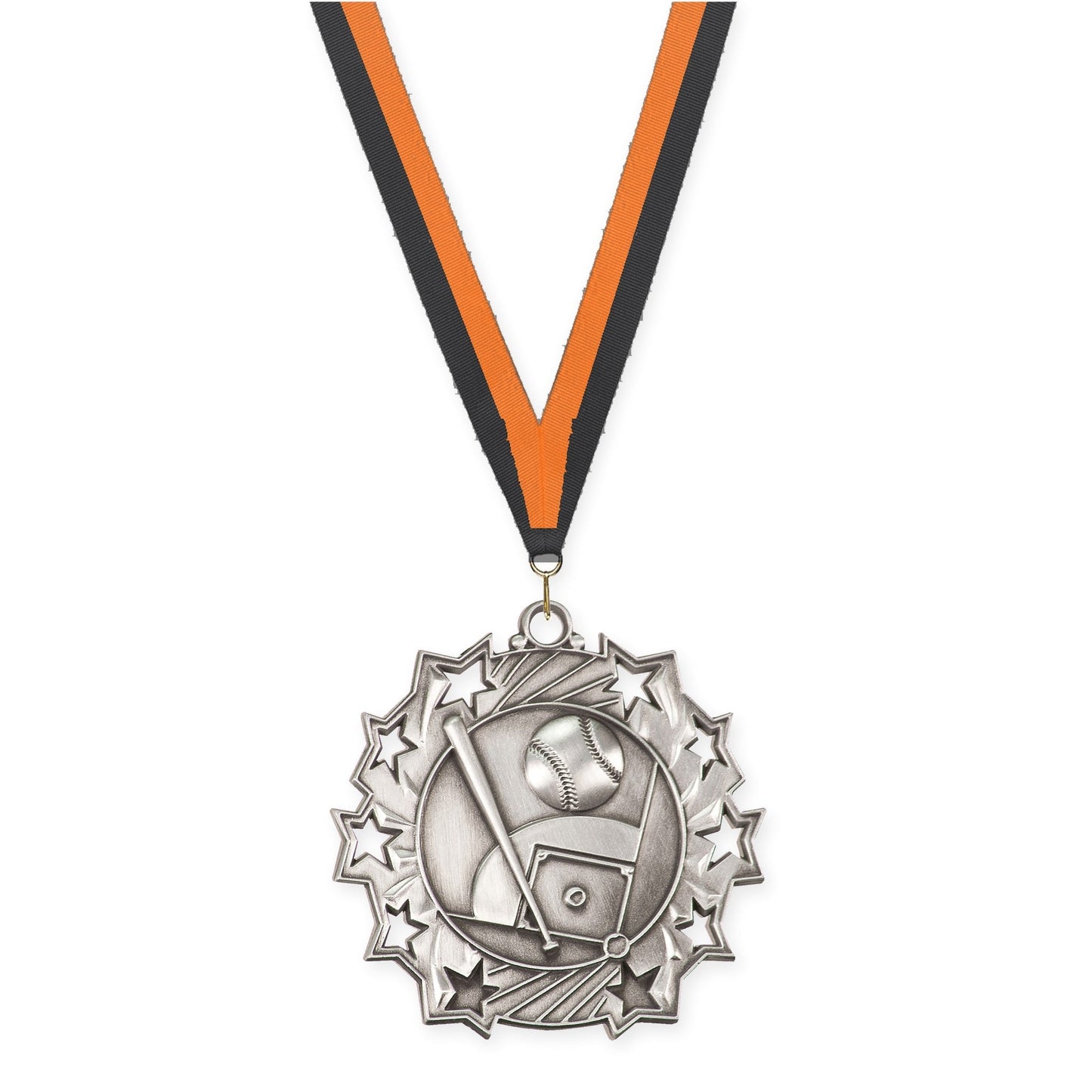 2 1/4 inch baseball and softball Ten Star medal in antique silver with Black Orange neck ribbon
