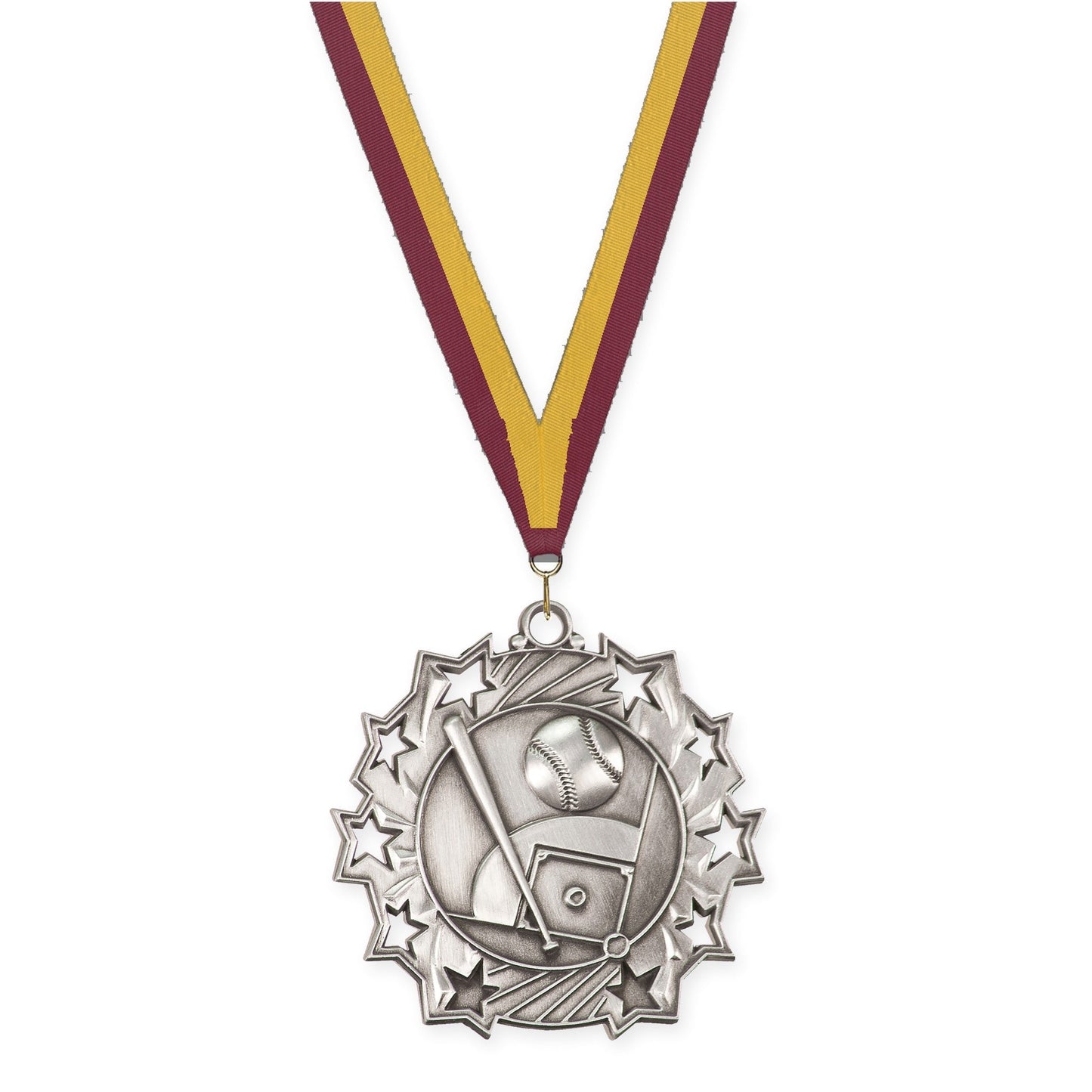 2 1/4 inch baseball and softball Ten Star medal in antique silver with Maroon Gold neck ribbon