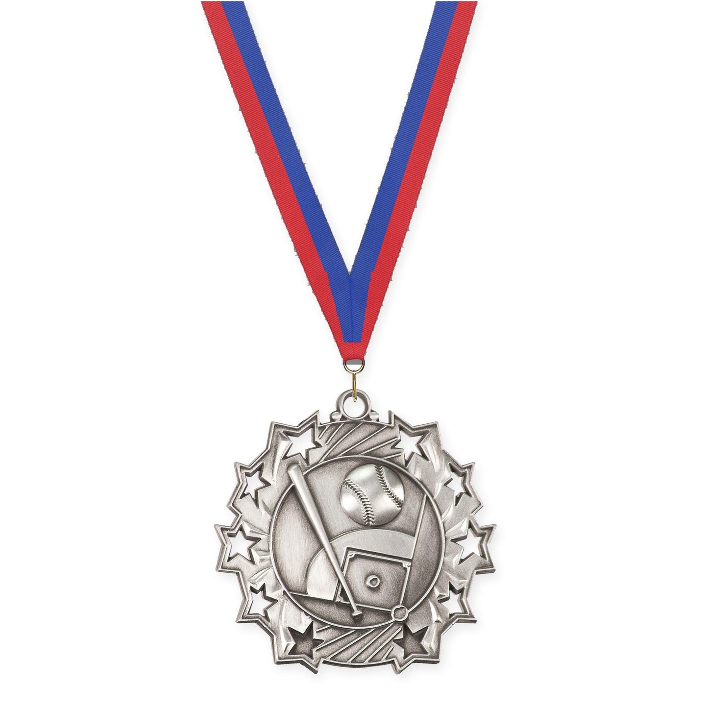 2 1/4 inch baseball and softball Ten Star medal in antique silver with Blue Red neck ribbon
