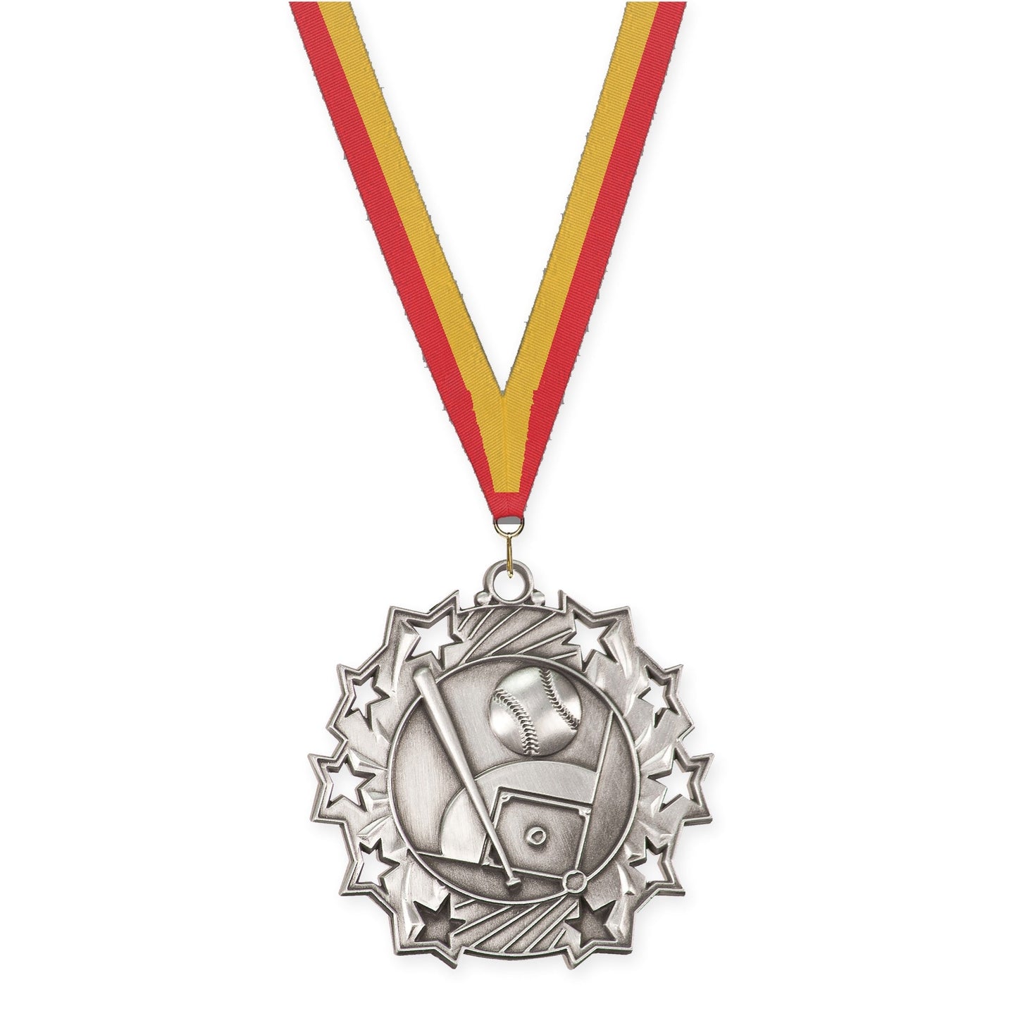 2 1/4 inch baseball and softball Ten Star medal in antique silver with Red Gold neck ribbon
