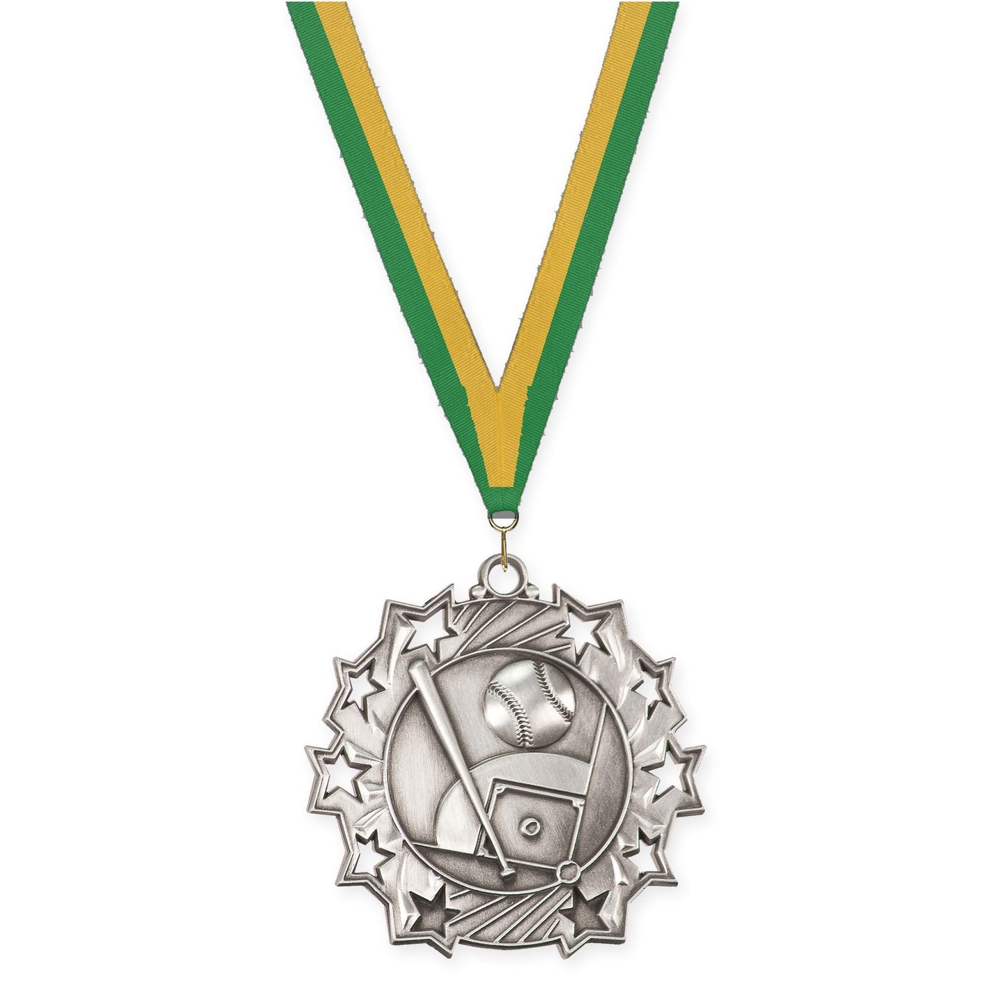2 1/4 inch baseball and softball Ten Star medal in antique silver with Green Gold neck ribbon