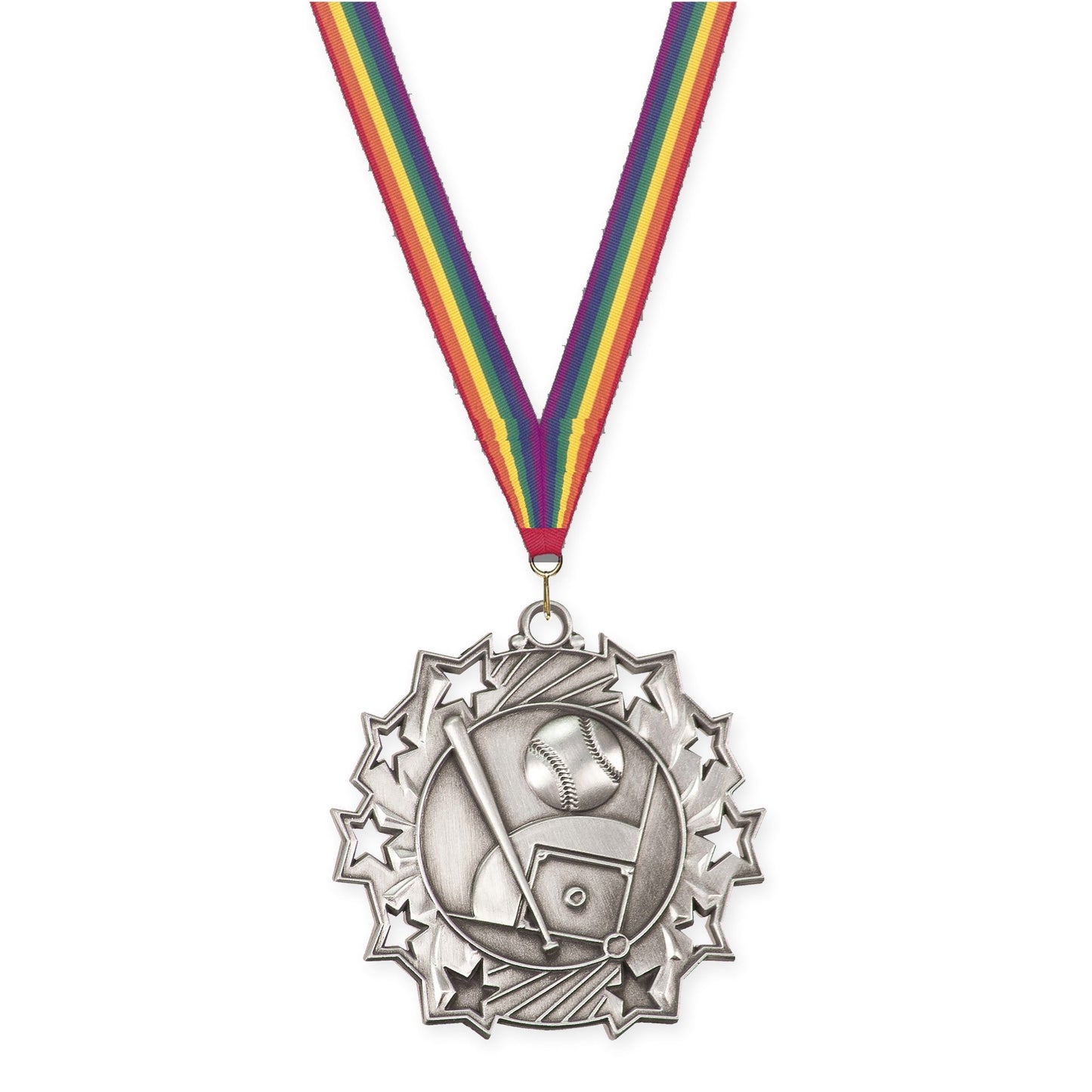 2 1/4 inch baseball and softball Ten Star medal in antique silver with Rainbow neck ribbon