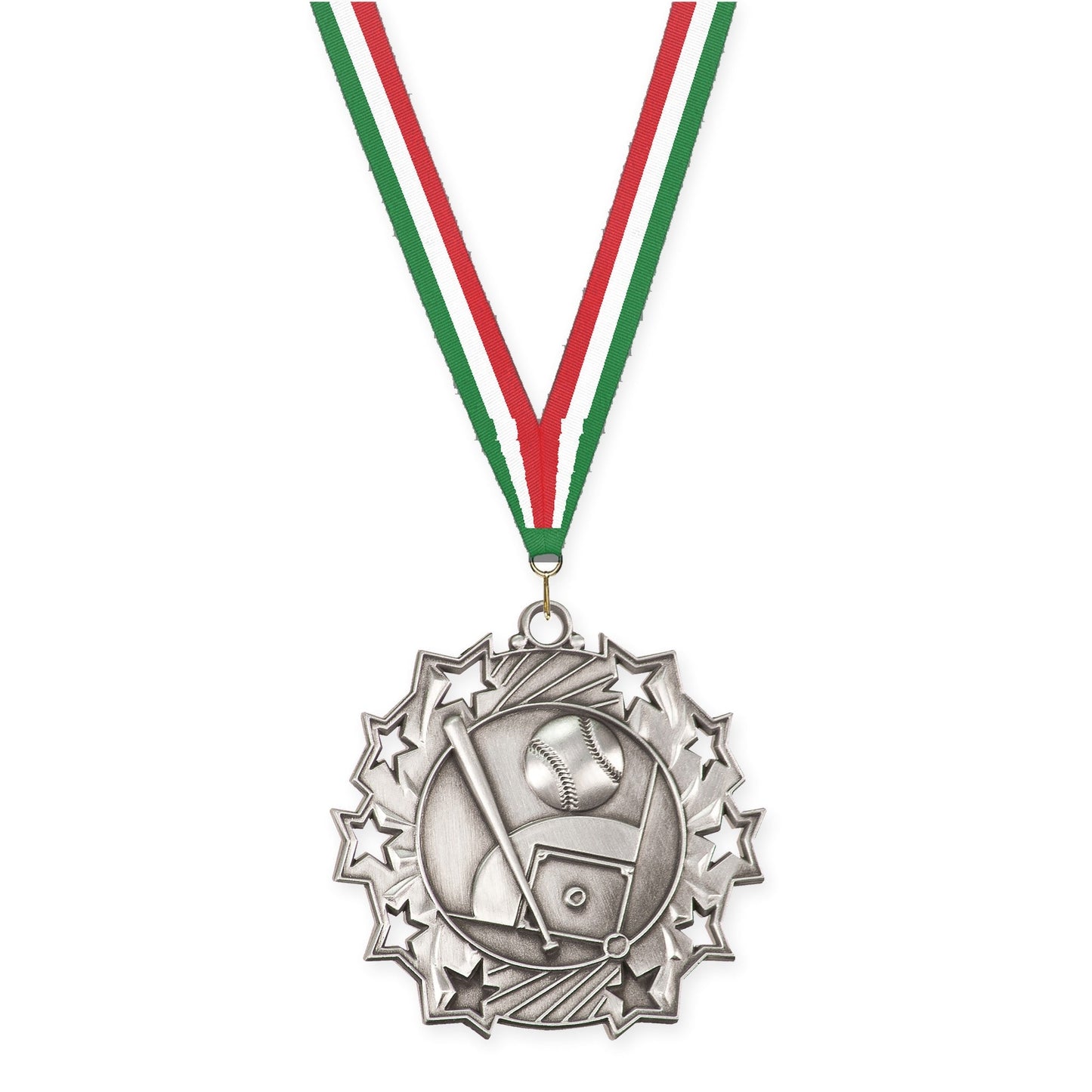 2 1/4 inch baseball and softball Ten Star medal in antique silver with Green White Red neck ribbon