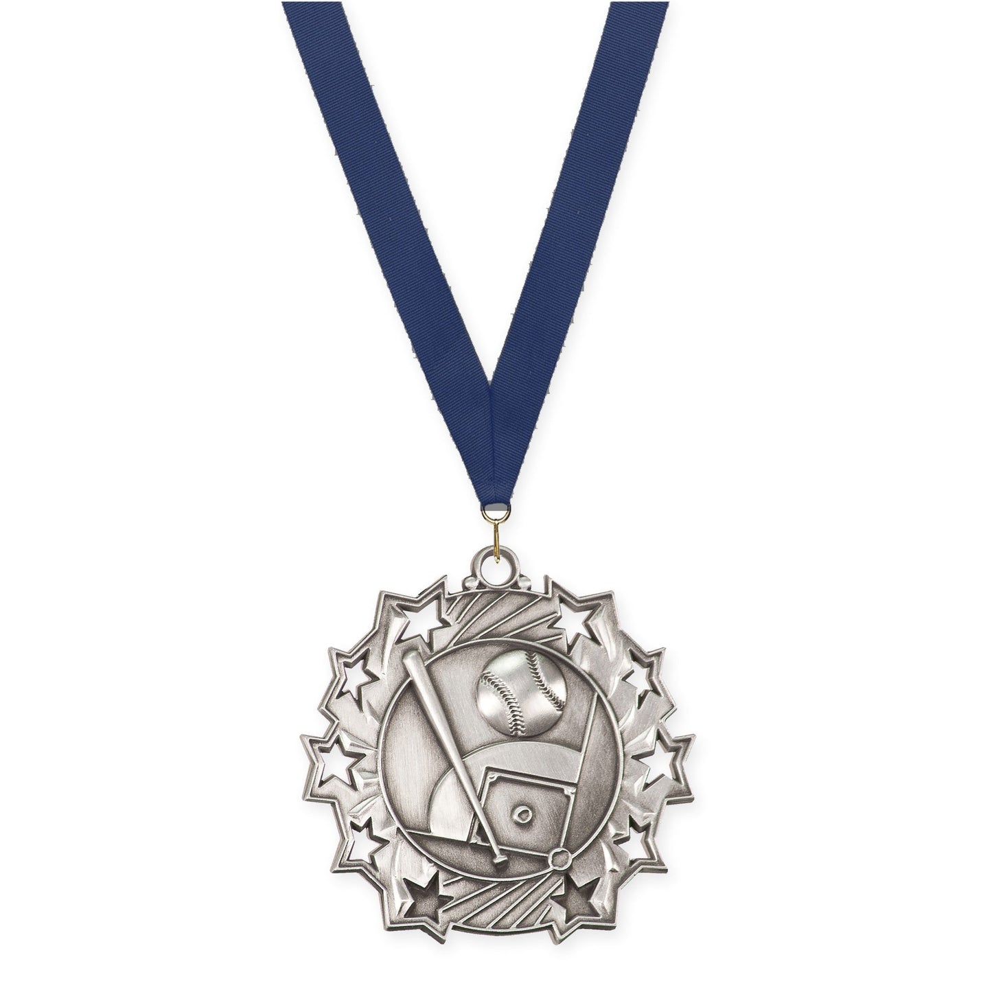 2 1/4 inch baseball and softball Ten Star medal in antique silver with Navy neck ribbon
