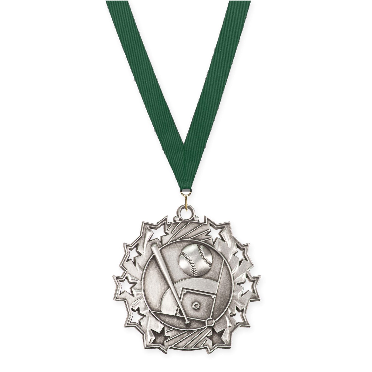 2 1/4 inch baseball and softball Ten Star medal in antique silver with Hunter Green neck ribbon