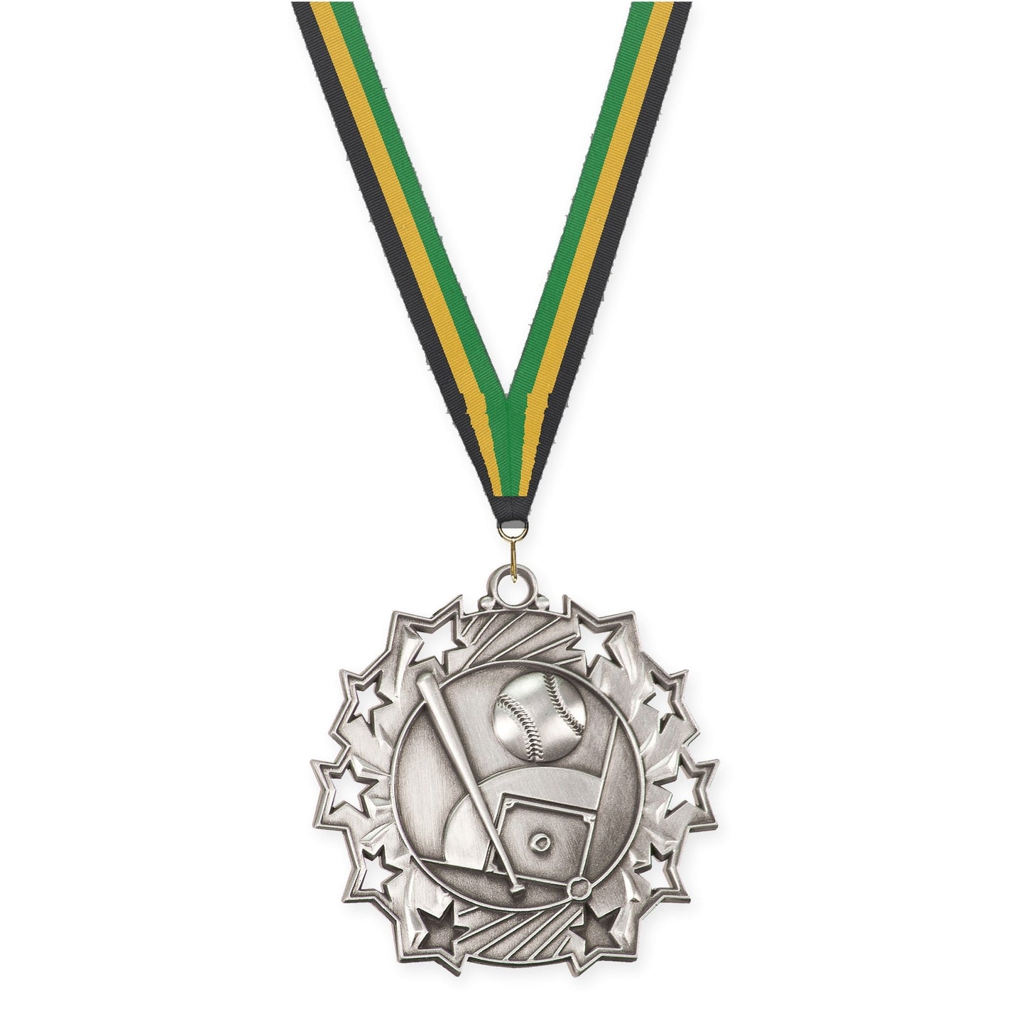 2 1/4 inch baseball and softball Ten Star medal in antique silver with Black Gold Green neck ribbon