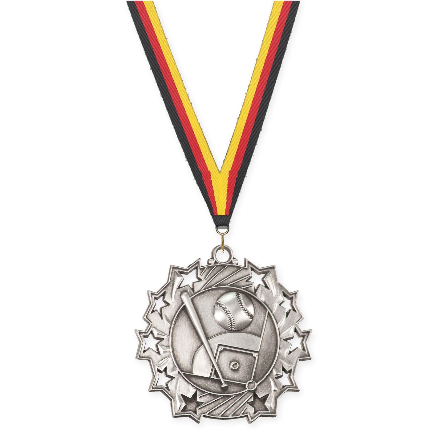 2 1/4 inch baseball and softball Ten Star medal in antique silver with Black Red Yellow neck ribbon