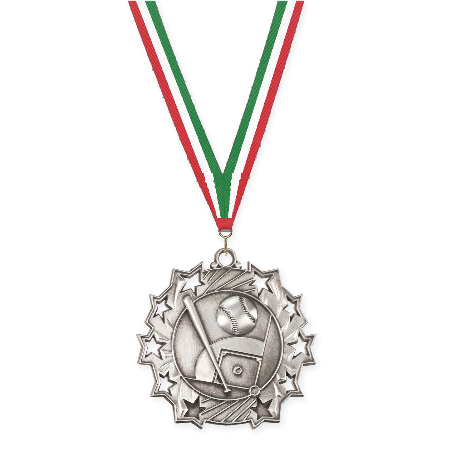 2 1/4 inch baseball and softball Ten Star medal in antique silver with Red White Green neck ribbon