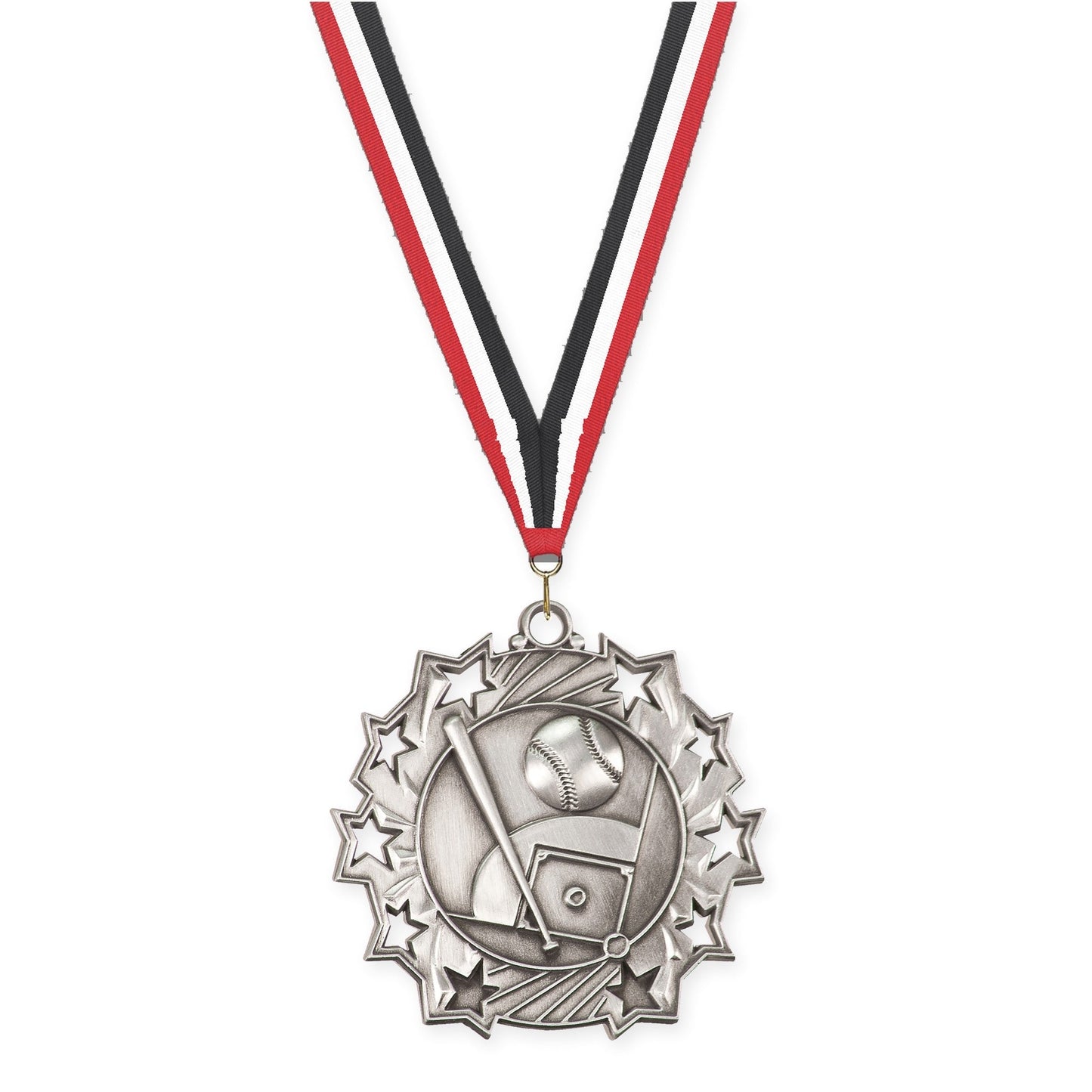2 1/4 inch baseball and softball Ten Star medal in antique silver with Red White Black neck ribbon