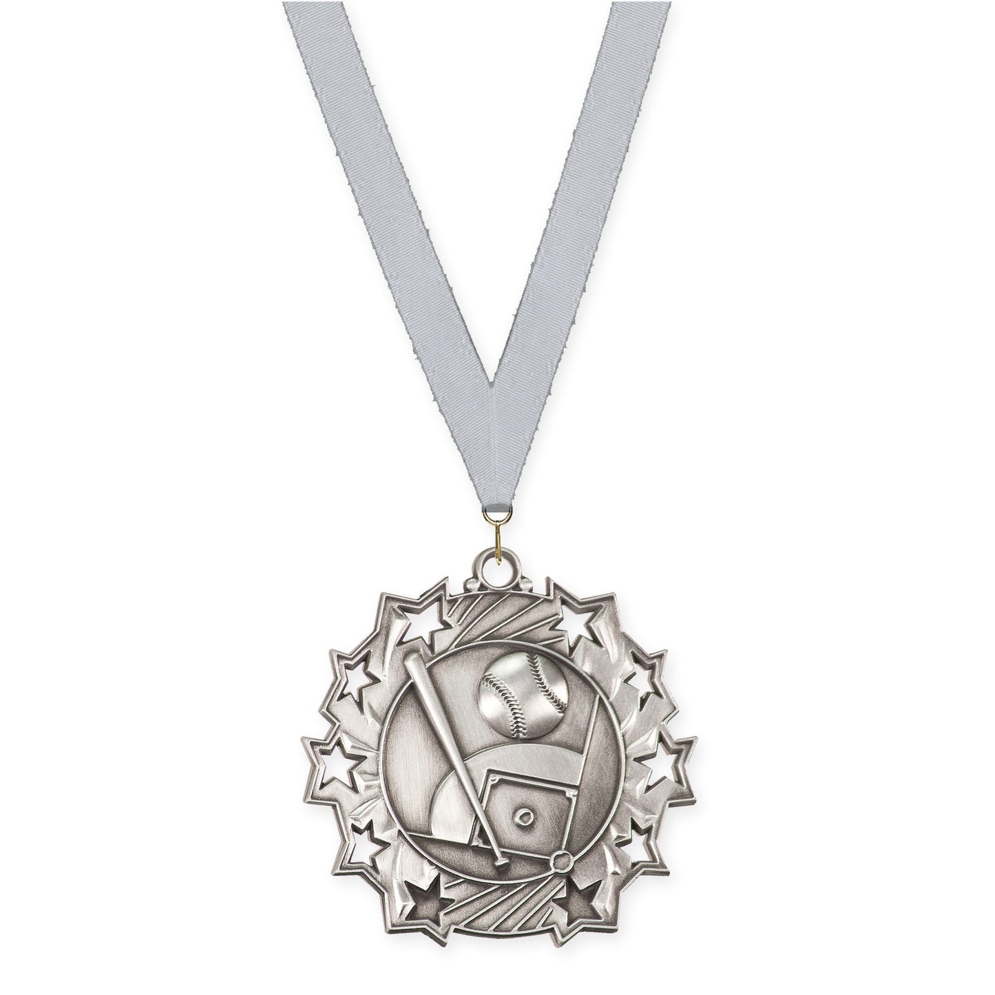2 1/4 inch baseball and softball Ten Star medal in antique silver with Silver Metallic neck ribbon