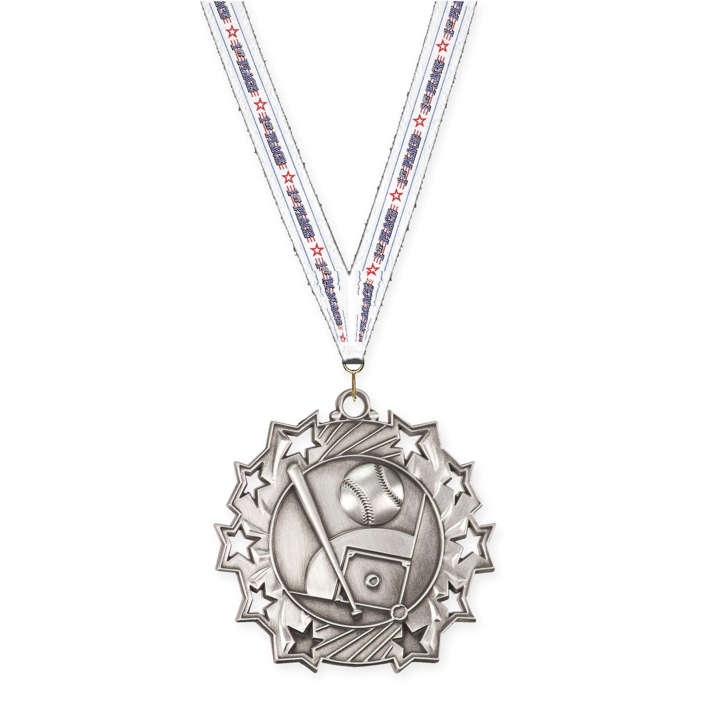 2 1/4 inch baseball and softball Ten Star medal in antique silver with 1st Place neck ribbon