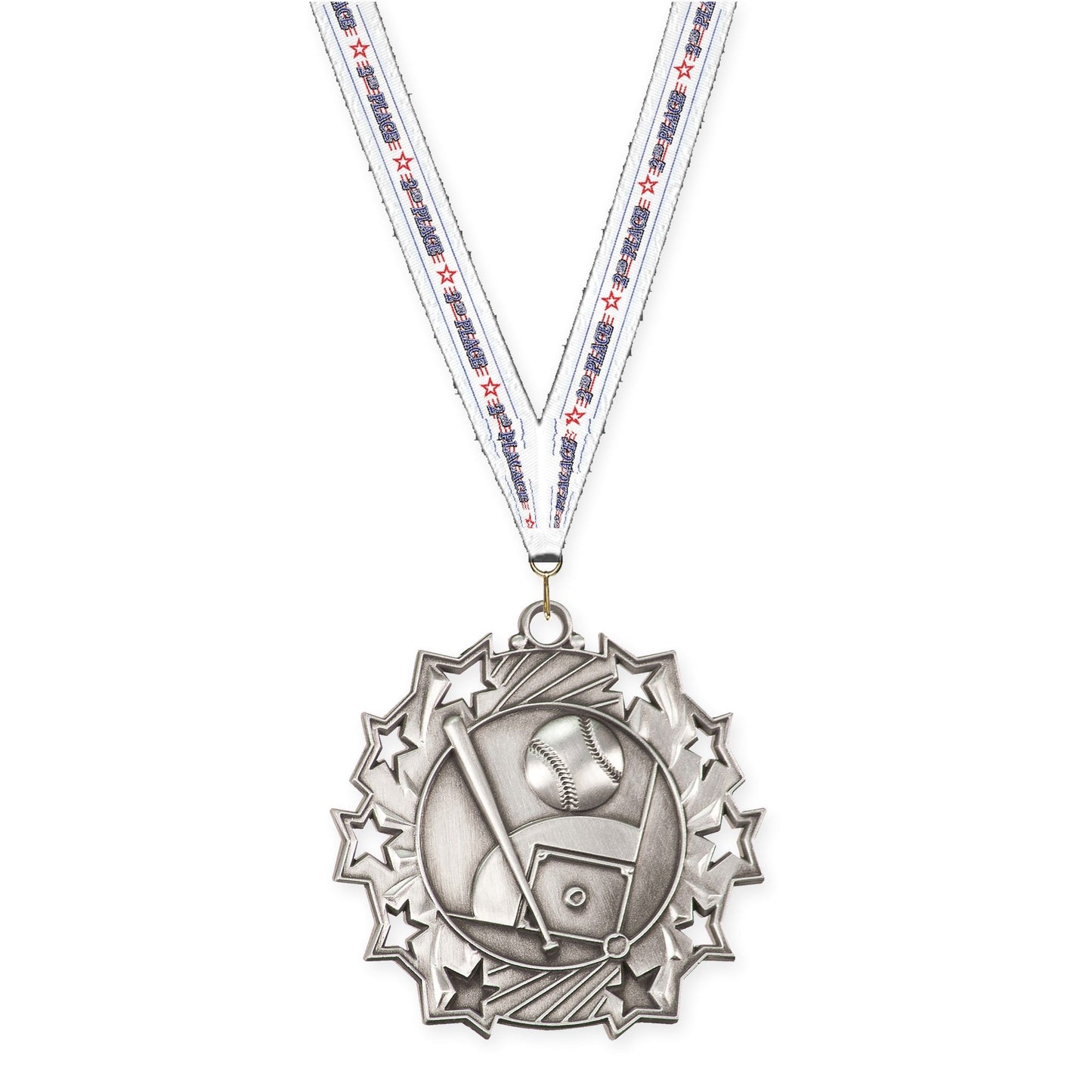 2 1/4 inch baseball and softball Ten Star medal in antique silver with 2nd Place neck ribbon