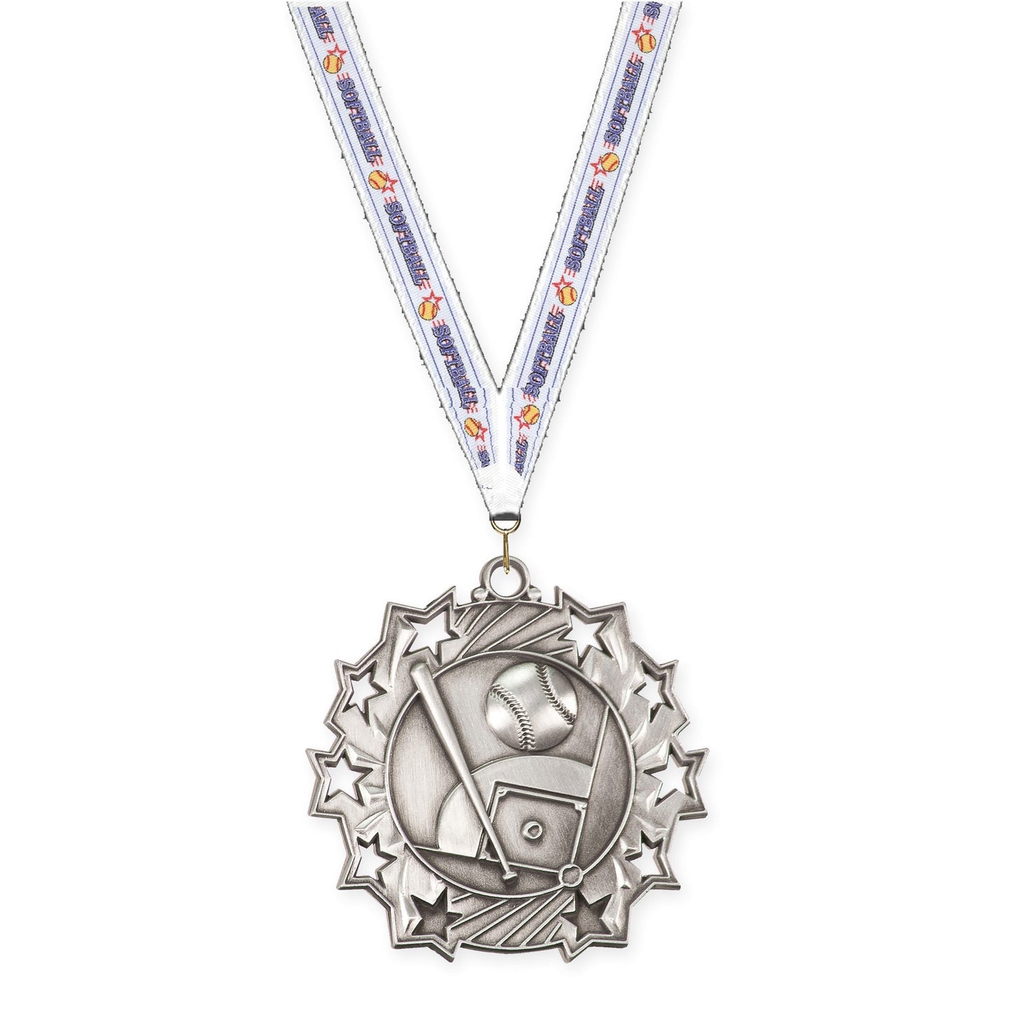 2 1/4 inch baseball and softball Ten Star medal in antique silver with Softball neck ribbon