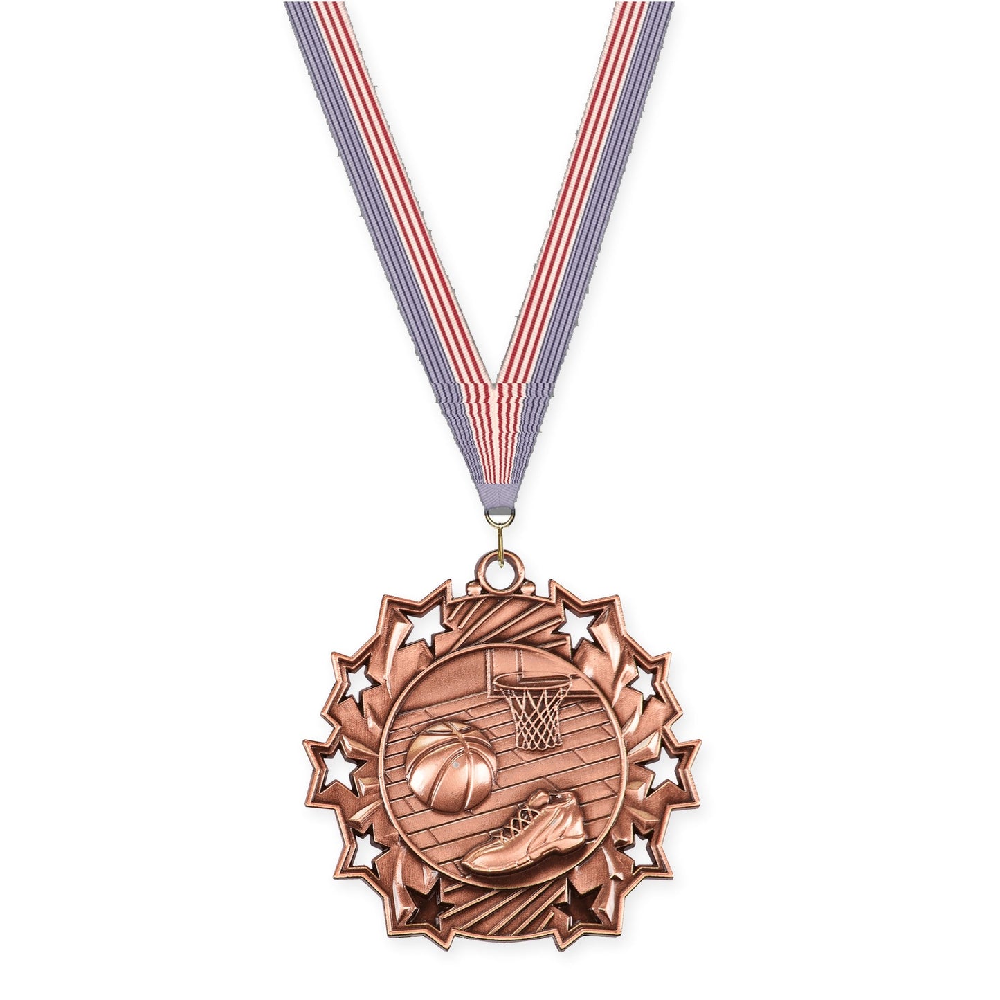2 1/4 inch basketball Ten Star medal in antique bronze with USA Flag neck ribbon