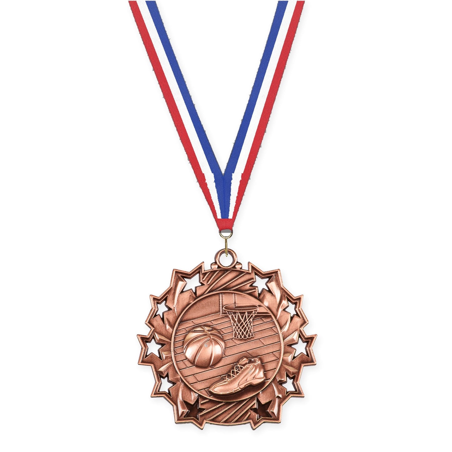 2 1/4 inch basketball Ten Star medal in antique bronze with Red White Blue neck ribbon