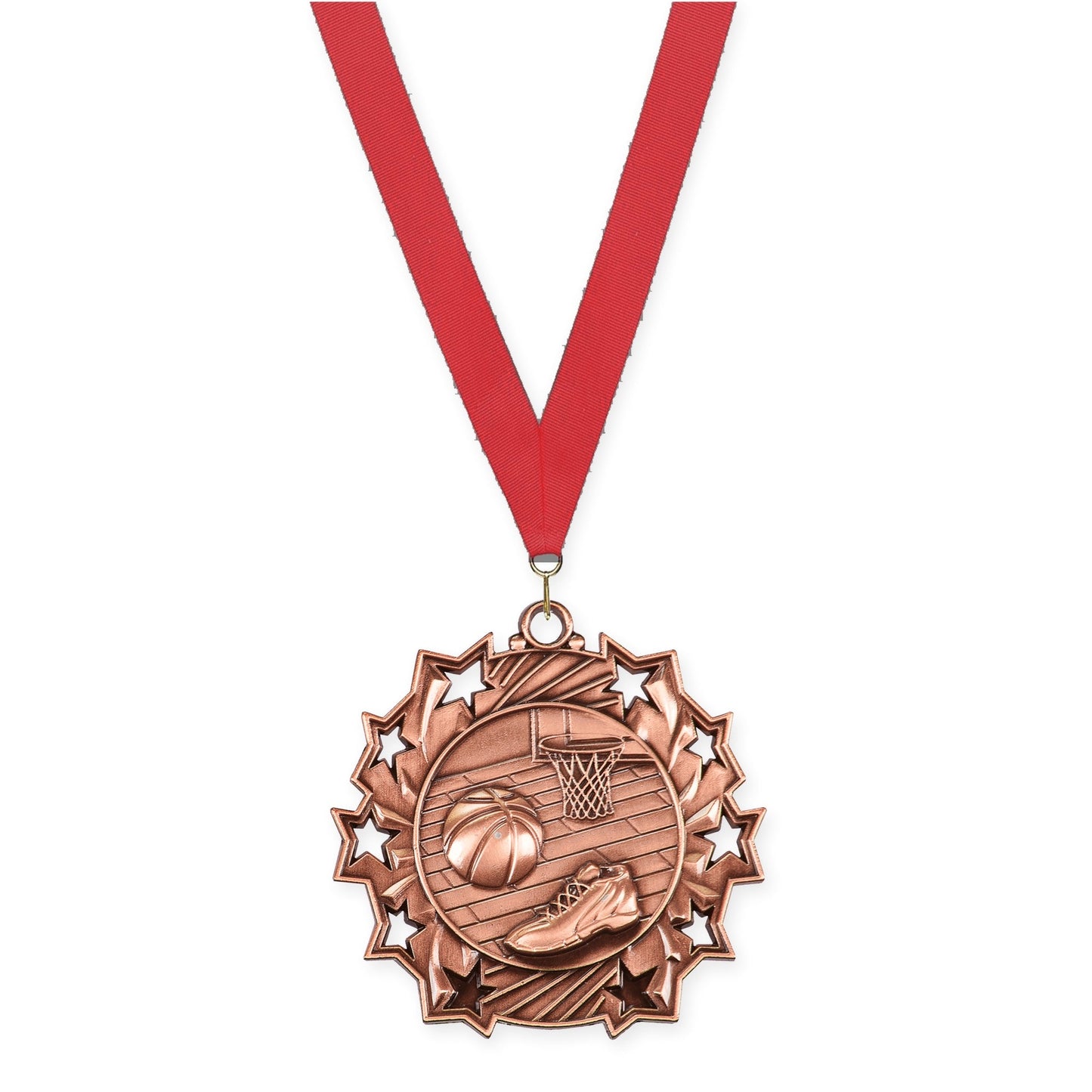 2 1/4 inch basketball Ten Star medal in antique bronze with Red neck ribbon