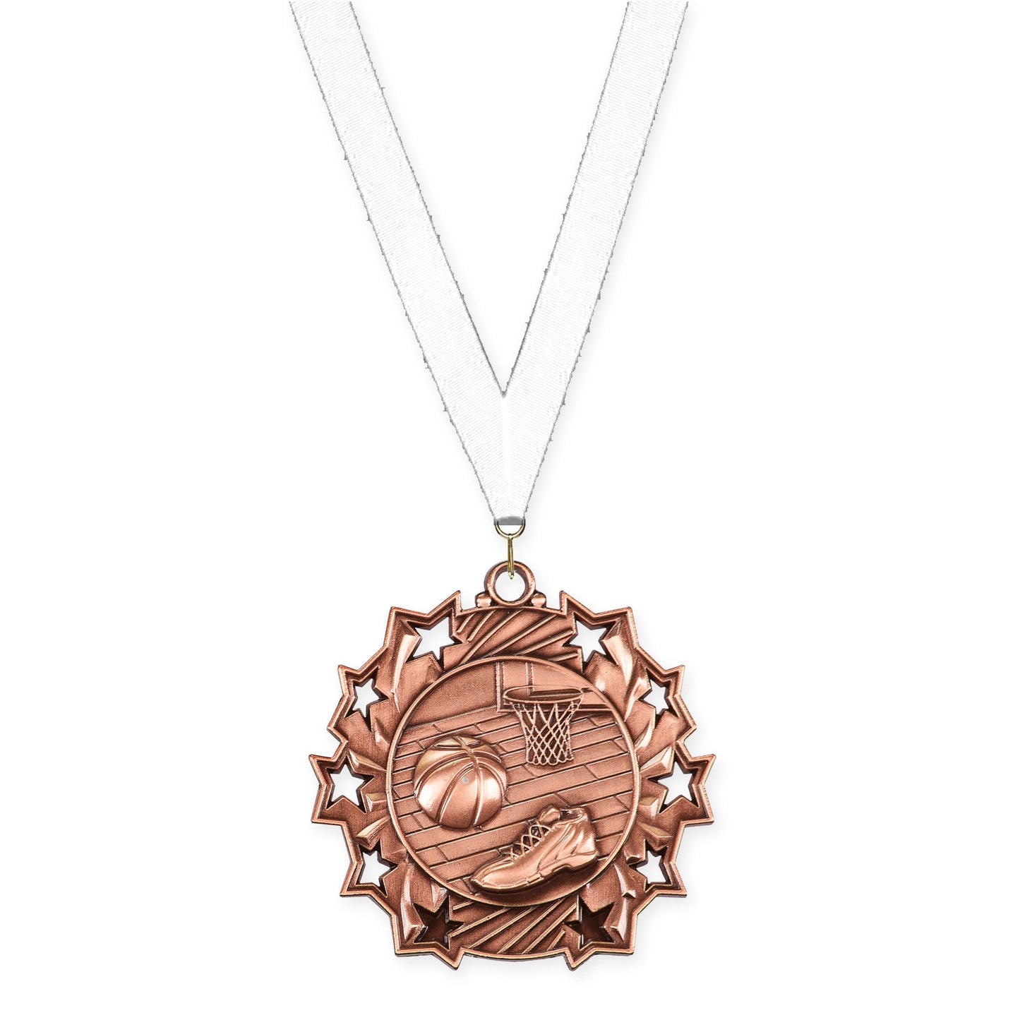 2 1/4 inch basketball Ten Star medal in antique bronze with White neck ribbon