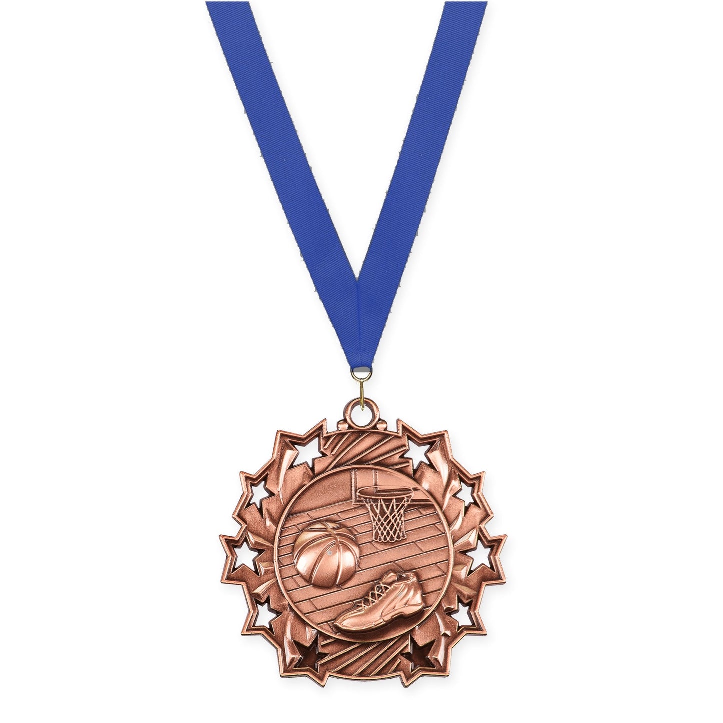 2 1/4 inch basketball Ten Star medal in antique bronze with Blue neck ribbon