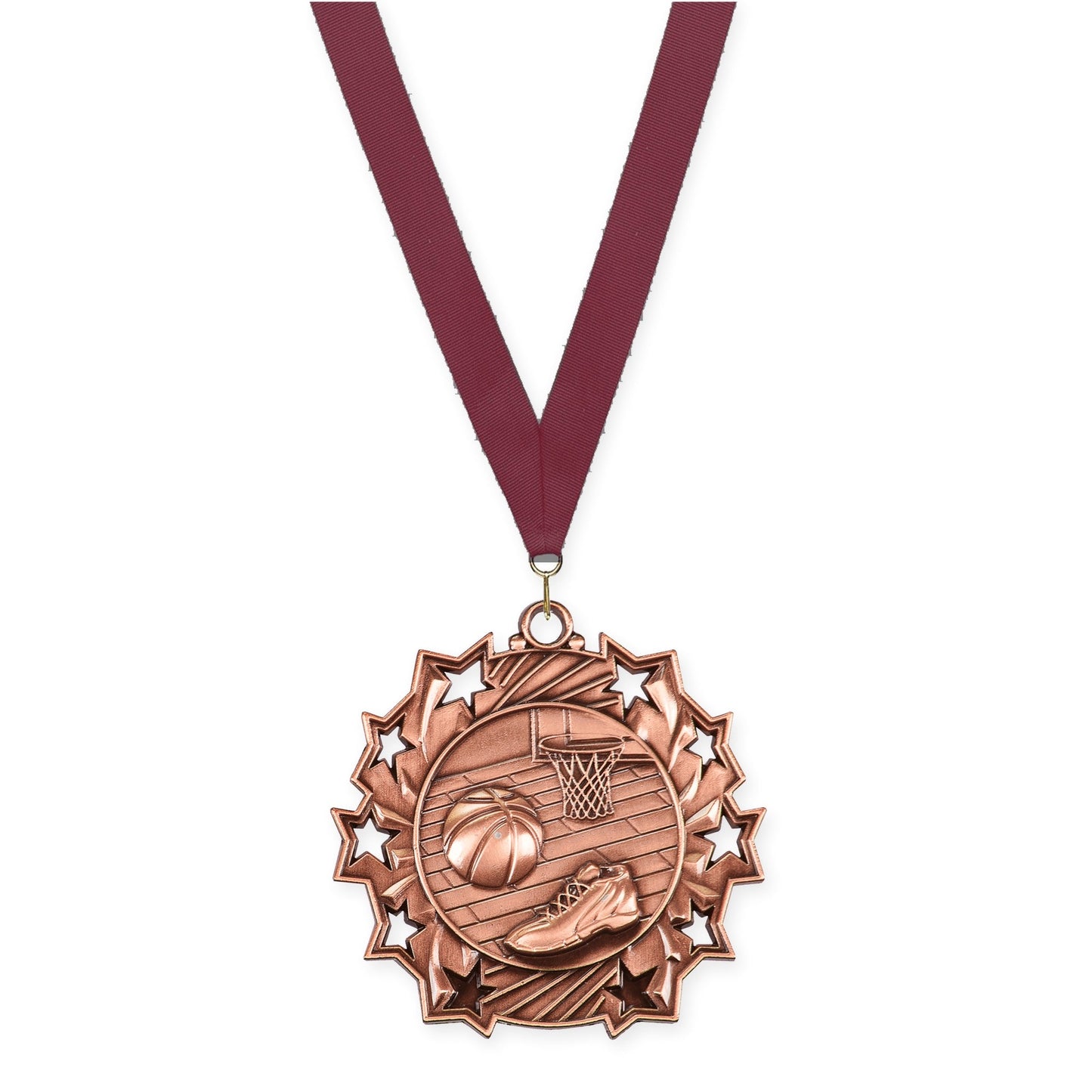 2 1/4 inch basketball Ten Star medal in antique bronze with Maroon neck ribbon