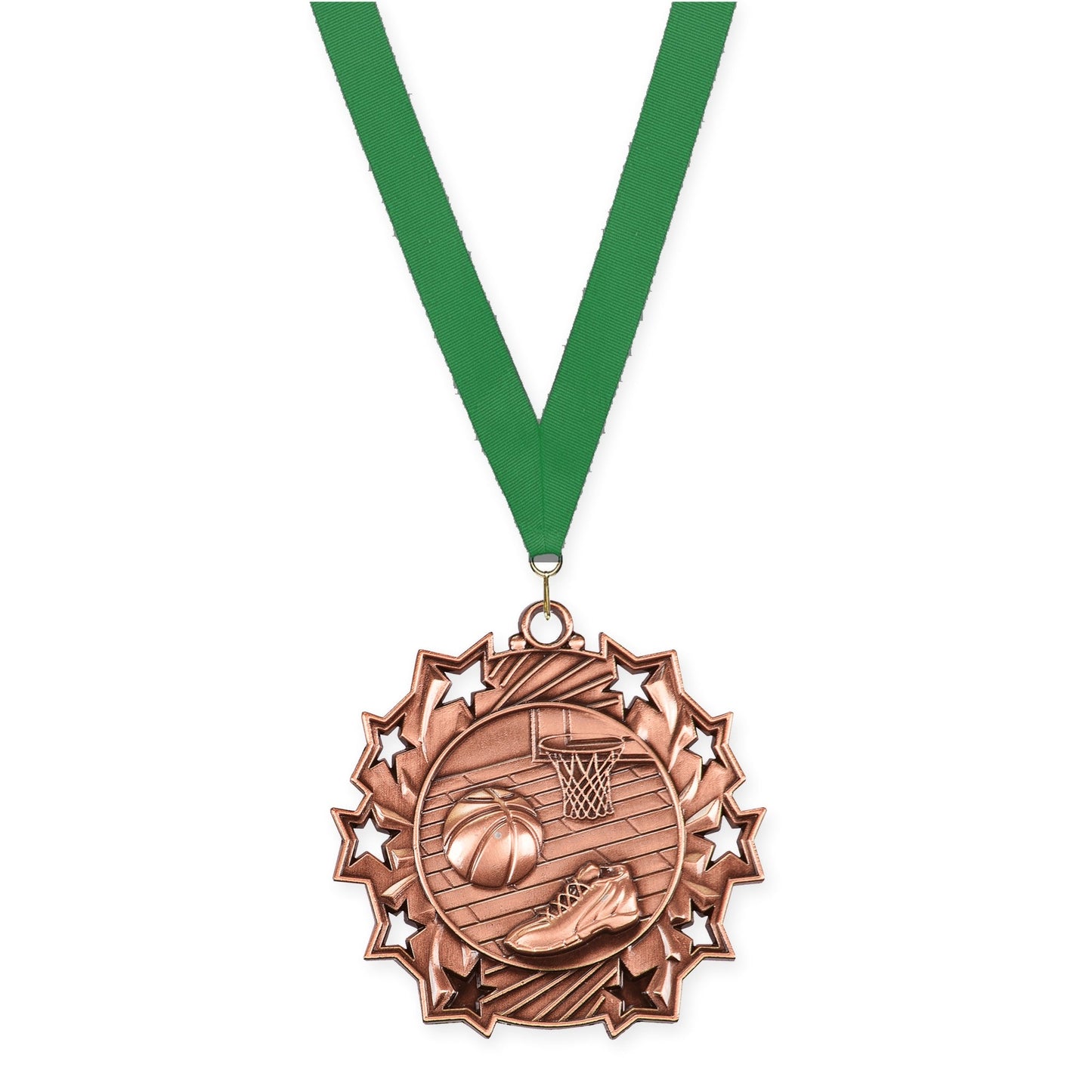 2 1/4 inch basketball Ten Star medal in antique bronze with Green neck ribbon