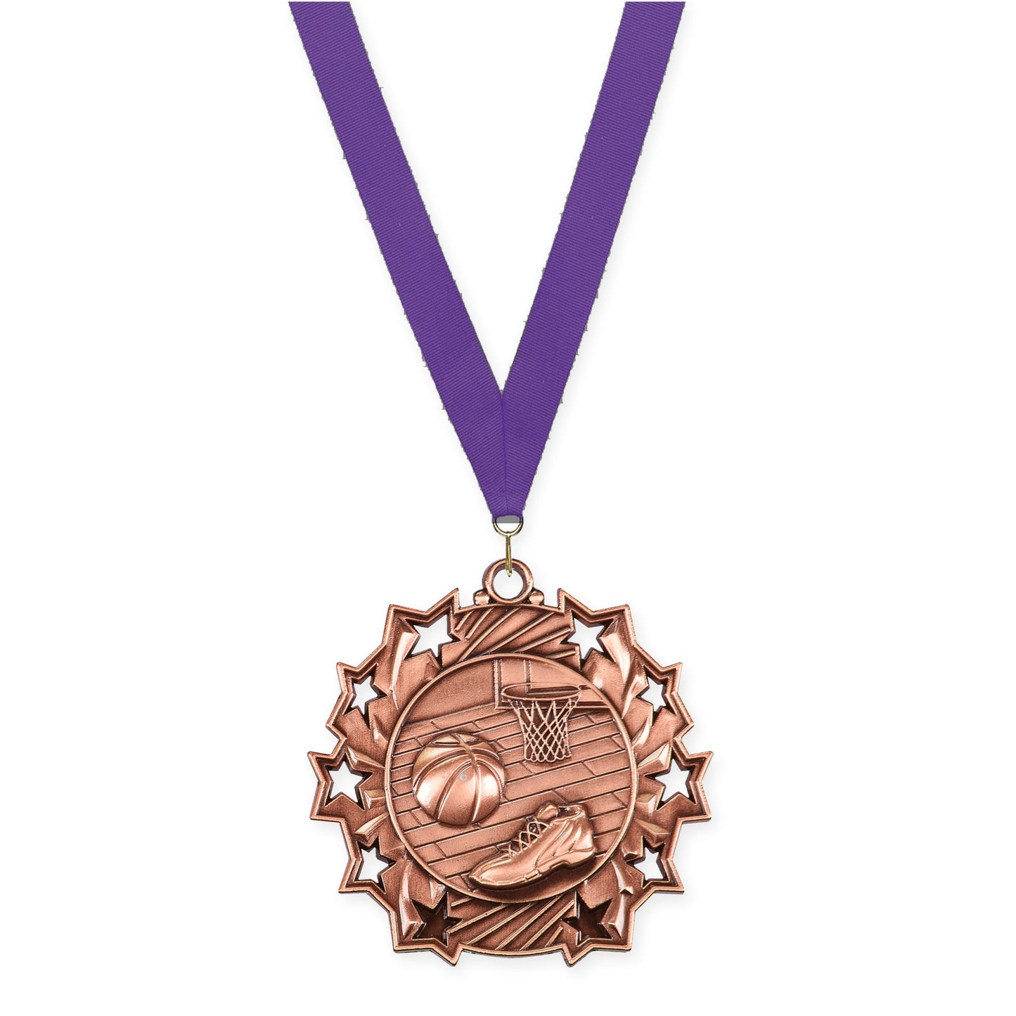 2 1/4 inch basketball Ten Star medal in antique bronze with Purple neck ribbon